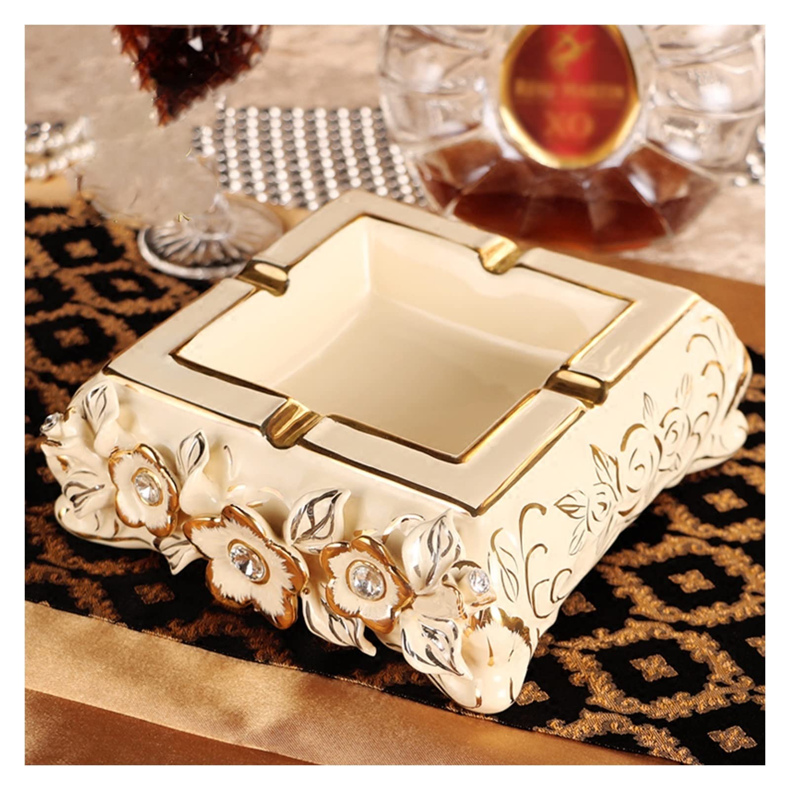 Sdgeryeeg Onecolor Ashtray， Vintage Fashion Hand Embossed Ceramic Ash Tray, Luxury Square Ashtrays For Indoor Or Outdoor Use