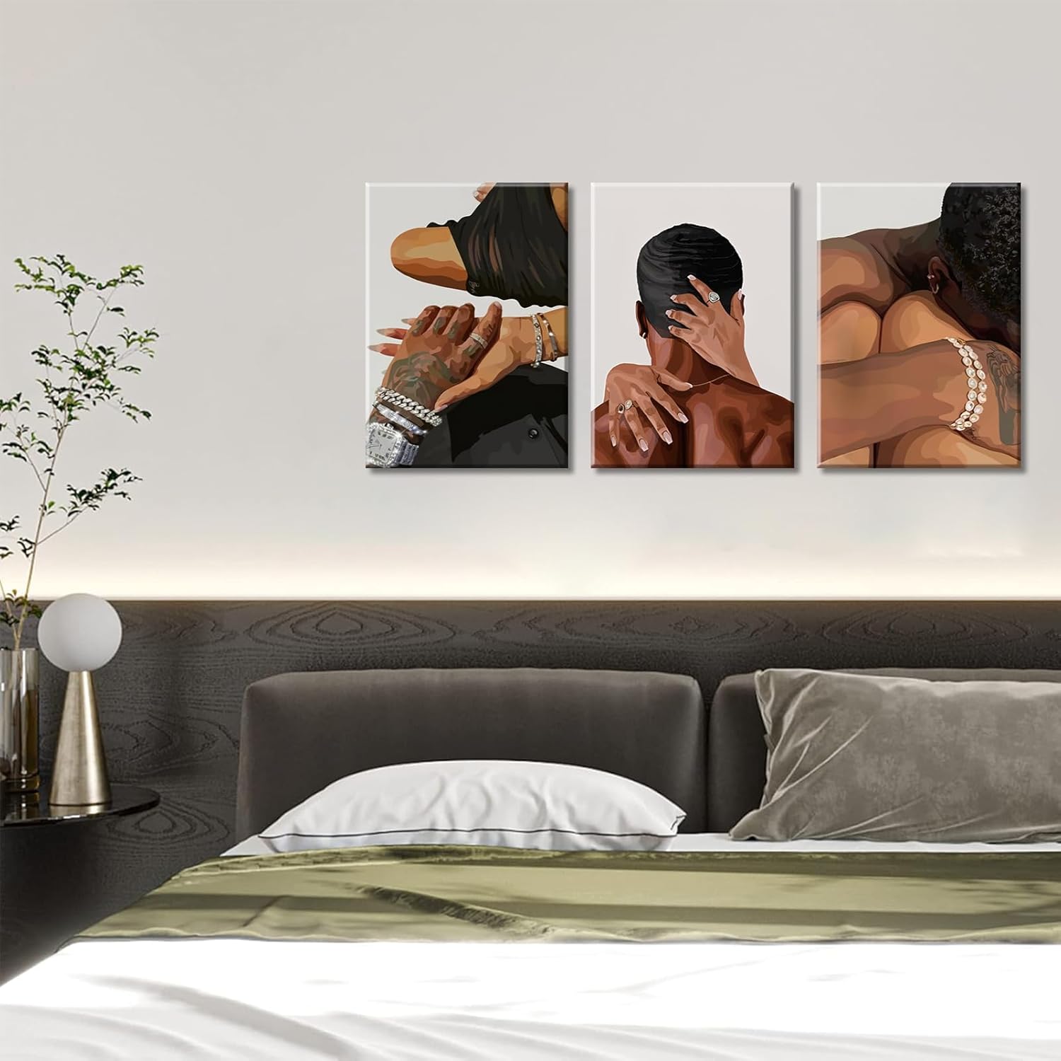 Black Couple Canvas Wall Art Set of 3 Fashion African American Black Love Wall Decor Pictures Afro Women Men Posters Prints for Living Room Bedroom Decoration, 12x16in