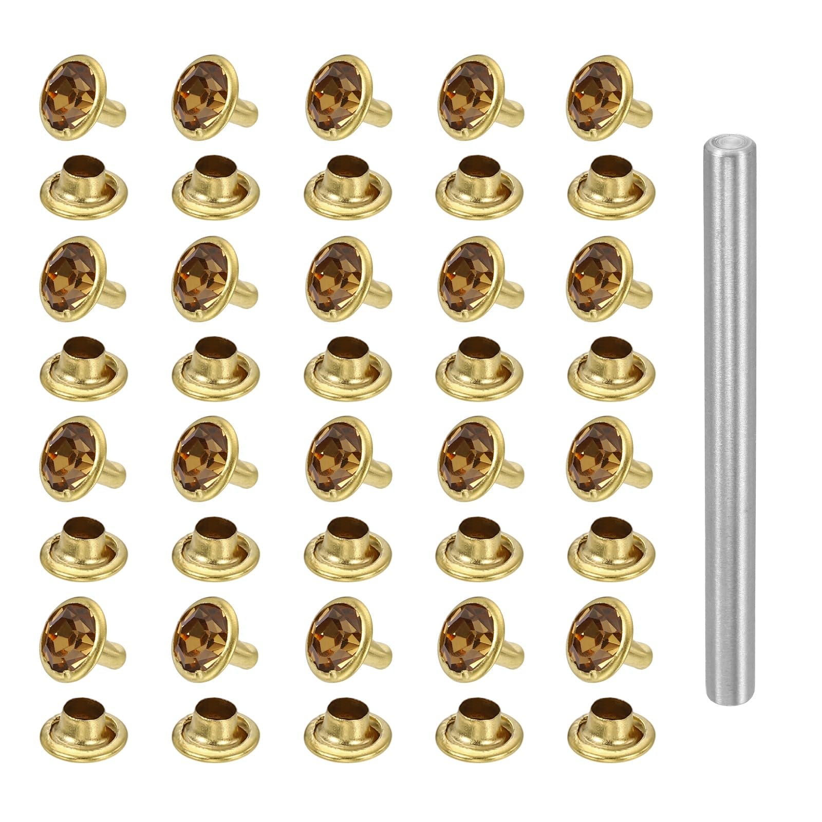 sourcing map 100pcs Crystal Rivets 6mm Rhinestone Rapid Stud Rivets with Steel Installation Tool for Clothing Leather Fabric Arts Decoration Leathercraft DIY, Gold Brown — image 1