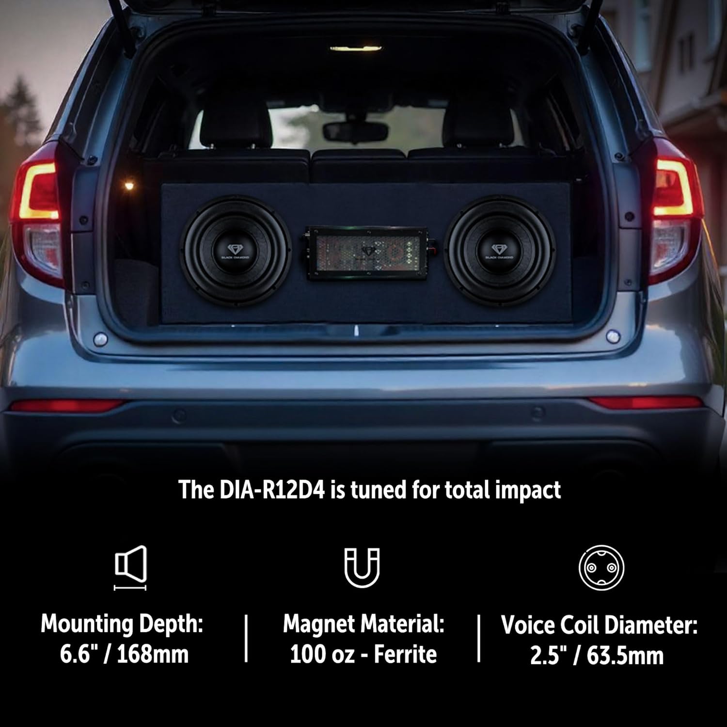BLACK DIAMOND DIA-R12D4 12" Car Subwoofer 1200W Max (600W RMS) Dual 4+4 Ohm, 2.5" Aluminum Voice Coil, Deep Bass, High Excursion, Car Audio Subwoofer Speaker (Single)
