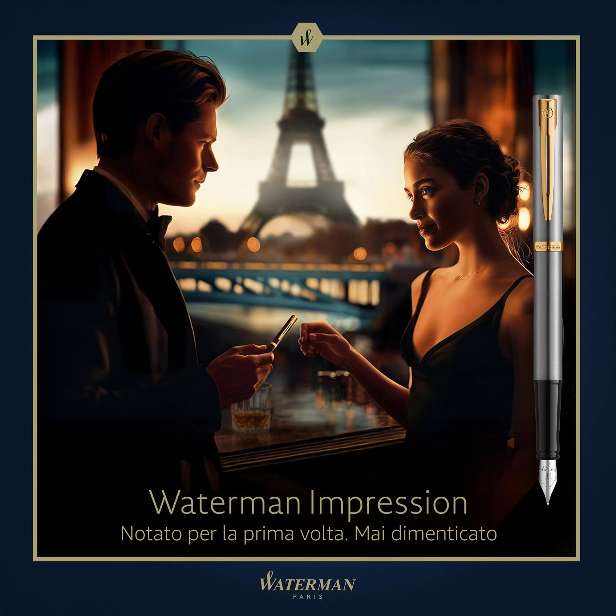 Waterman Impression Penna Stilografica | Pennino Medio con Ricarica di Inchiostro Blu | Acciaio Inossidabile con Rifiniture Placcate in Oro | Confezione Regalo