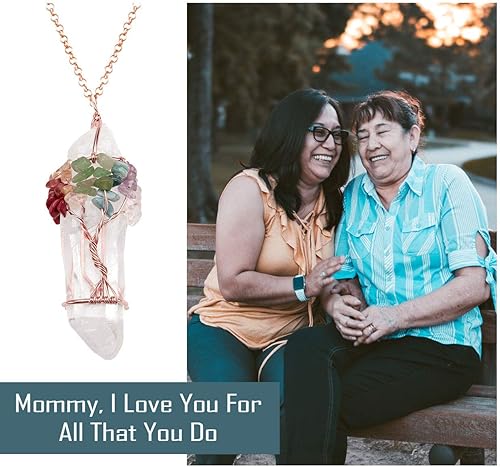 Miniatura 6 de Jovivi - Collar con dije de cuarzo de cristal natural envuelto en alambre con la forma de árbol de la vida de piedras preciosas regalo ideal para el