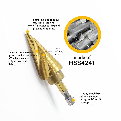 Miniatura 4 de Juego de brocas escalonadas de acero de alta velocidad de 31 tamaños para corte de perforación de agujeros de chapa, agujero HSS de varios tamaños