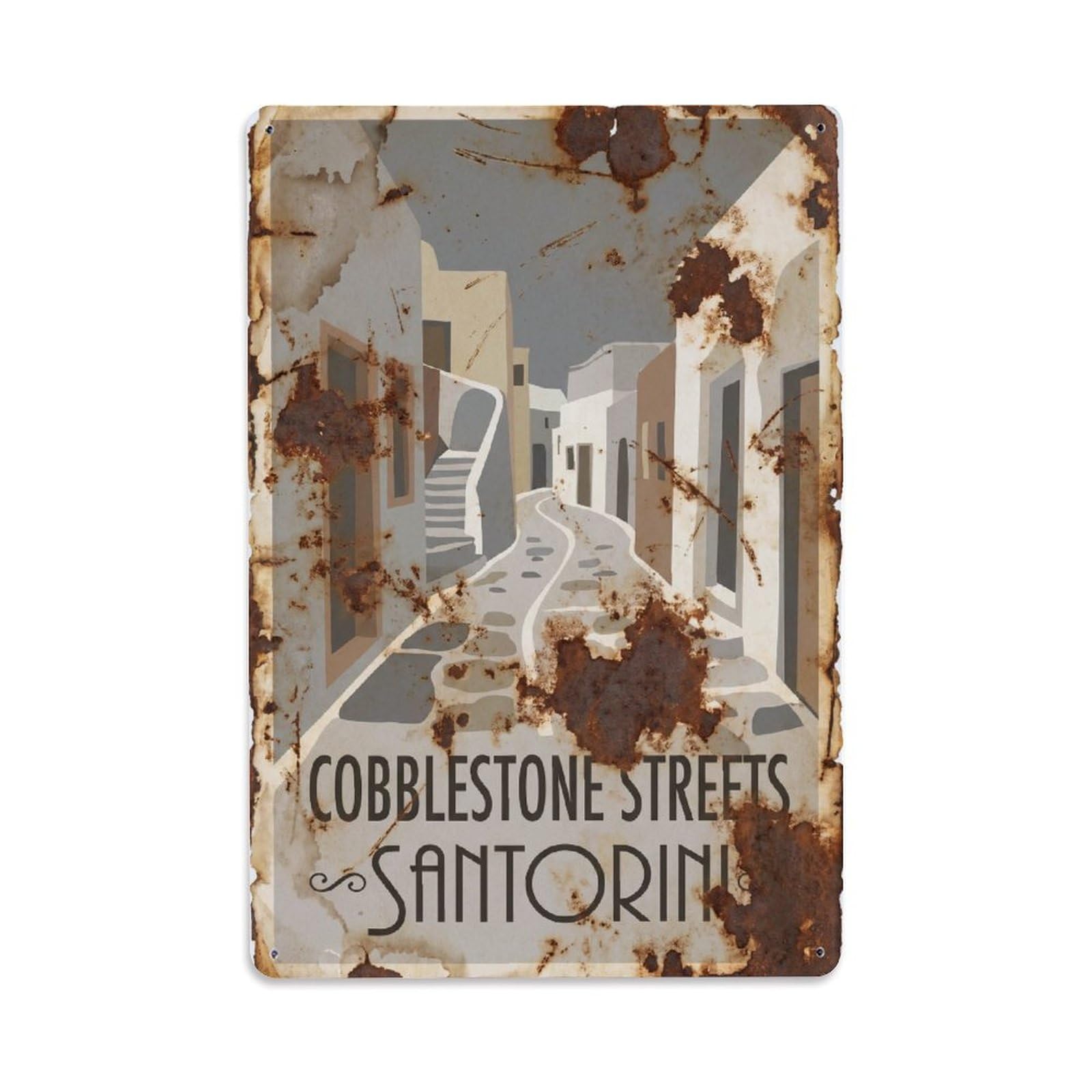 Gead 8X12inch Style Vintage Travel Santorini Cobblestone Streets Metal Tin Sign