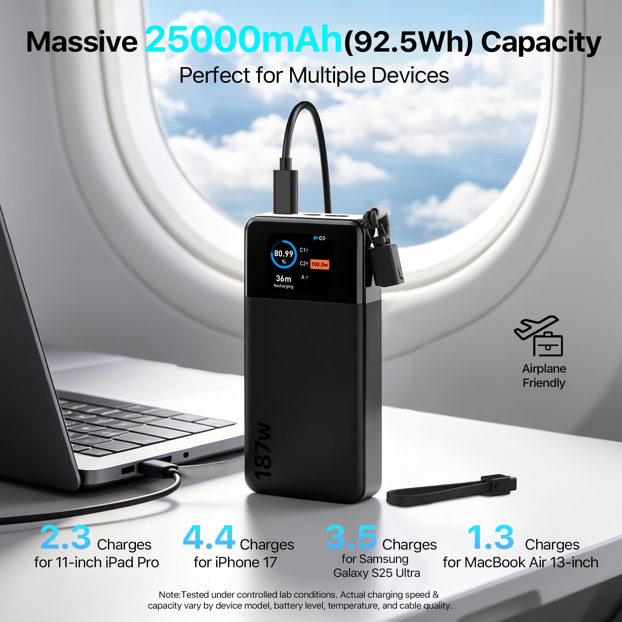 JUOVI Batería Externa Carga Rápida, 187W 25000mAh Power Bank para Laptop | 3 Puertos 187W Máx, 100W Batería Portátil con Pantalla TFT y USB-C Cable, Cargador Portátil para Ordenador Portátil iPhone