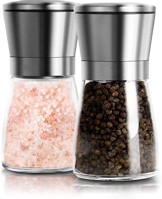 YMTECH Salt and Pepper Grinder Set, Premium Pair of Salt & Peppercorn Mills with Manually Adjustable Coarseness, Brushed Stainless Steel & Glass Body Shakers (Short)