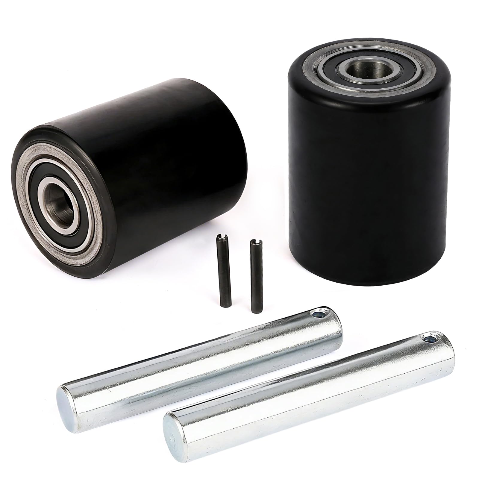 Two Packs of Pallet Jack/Truck Wheels 3” x 3.75” PU Poly Tread, 20mm ID Bearings, Full Set with Axles, Pins and Entry Exit Roller