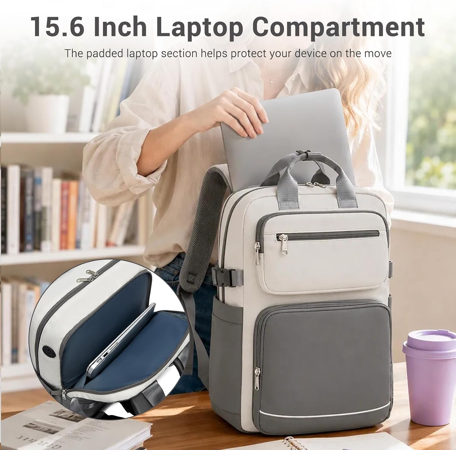 Kono 15.6 Inch Laptop Backpack for Women, Work Travel Bag Large Capacity image 4