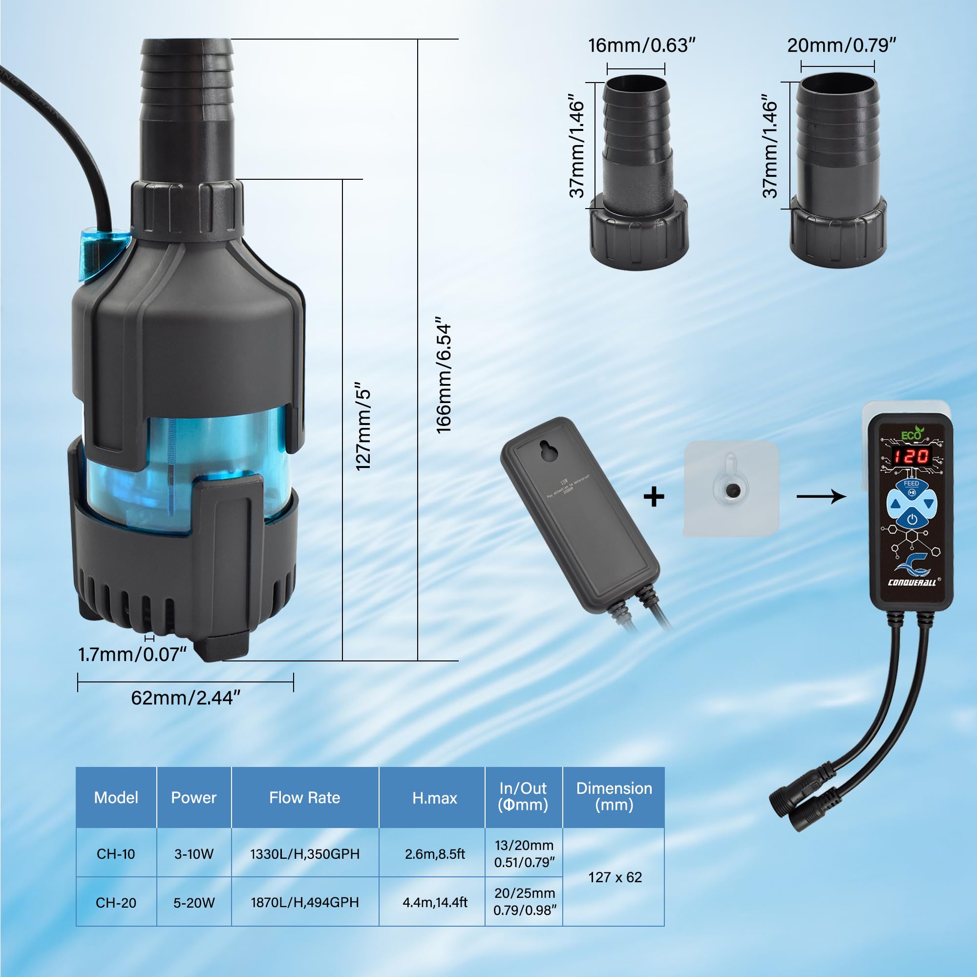 CONQUERALL CH-20 DC 24V Bomba de agua de succión inferior para acuario 500GPH Bomba sumergible de ahorro de energía de 15 pies para filtración de circulación de peceras