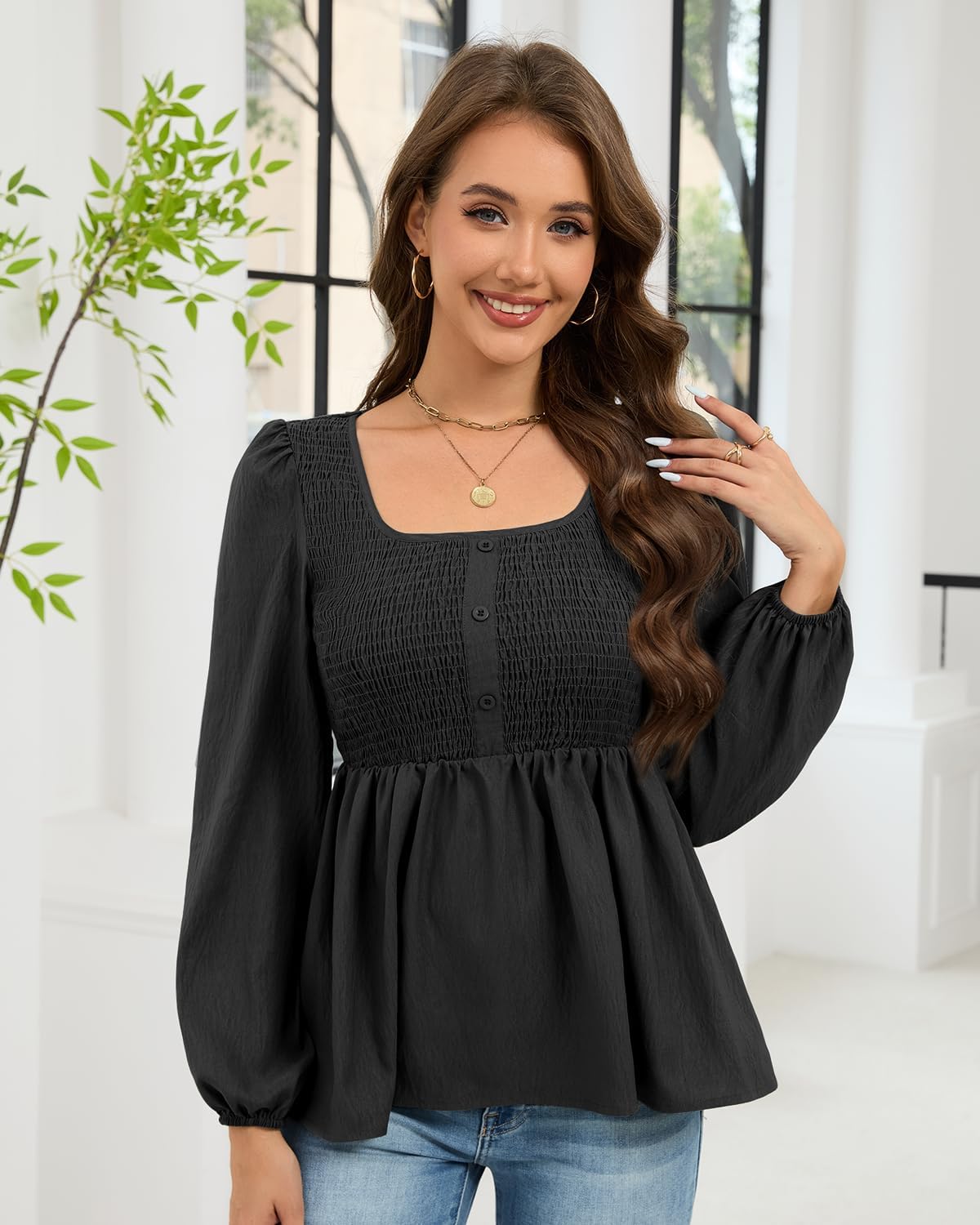 HEYTALALA Womens Peplum Tops Square Neck Smocked Puff Long Sleeve Blouses Babydoll Shirts 2025 Fall Dressy Casual Clothes - Image 2