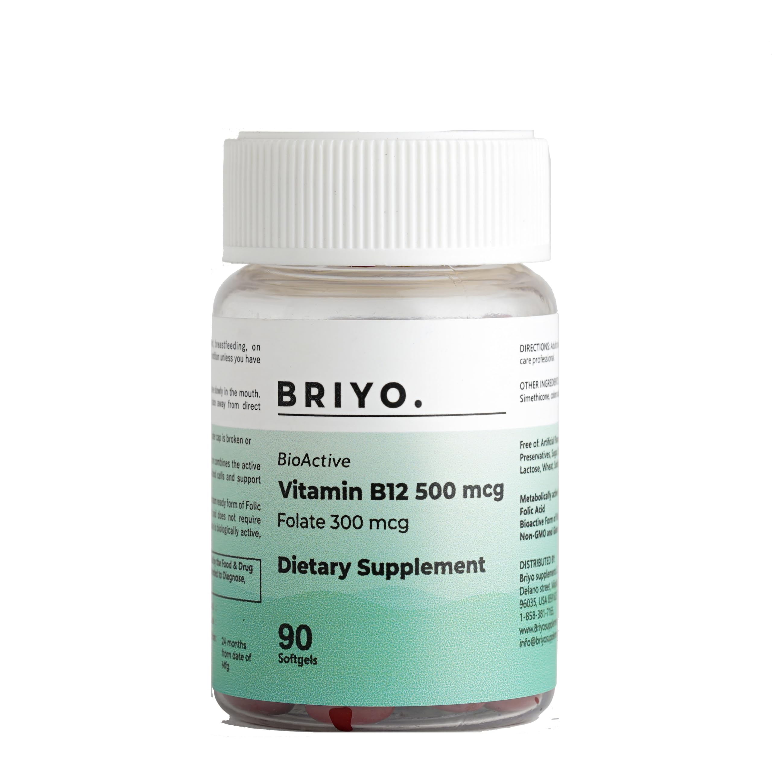 Briyo Vitamin B12 500 mcg (methylcobalamin) with Folate (methylfolate) 90 mini softgels
