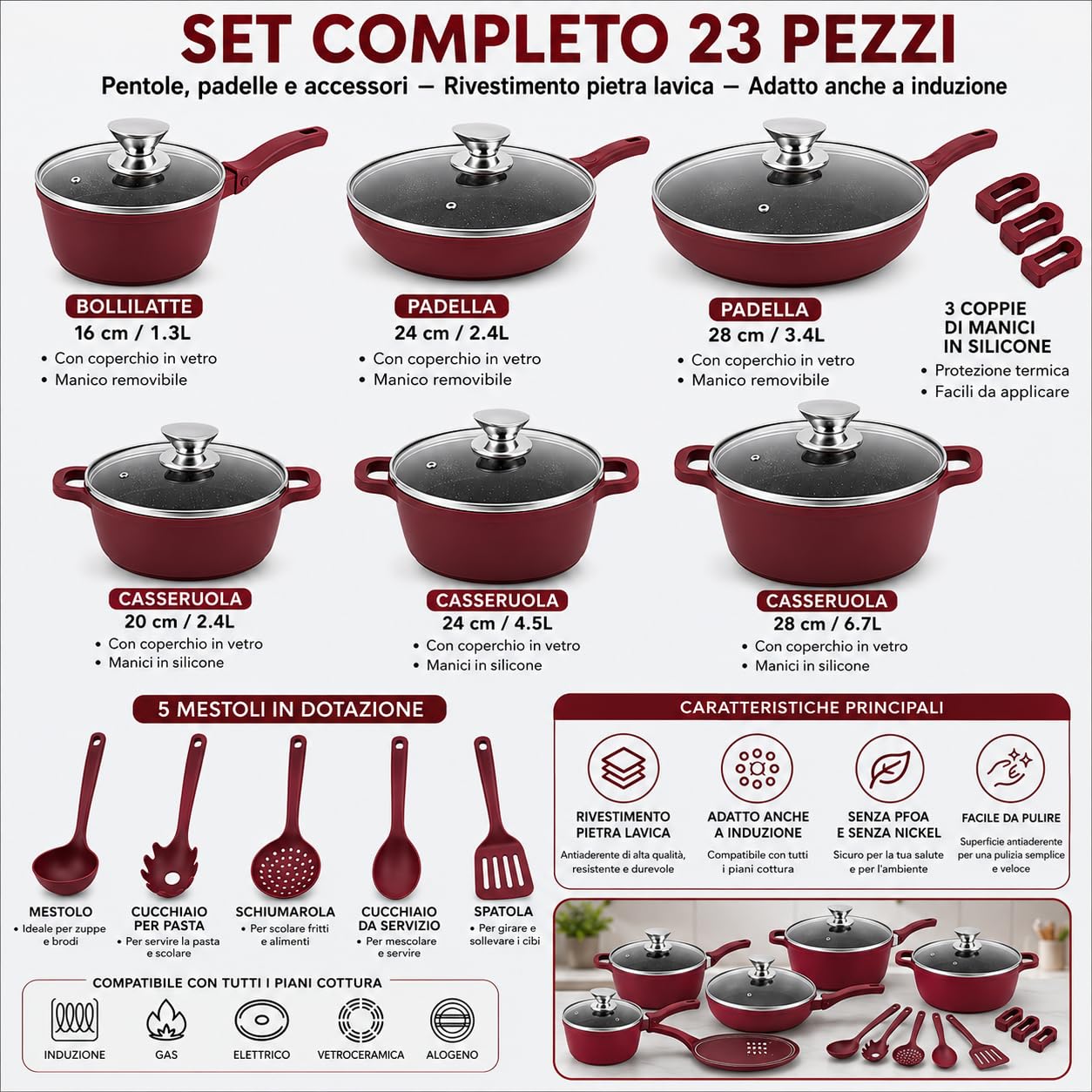 Set di Pentole 23 Pezzi Antiaderente con Coperchi in Vetro Batteria di Pentole e Padelle con Manici Removibili, Mestoli in Silicone Adatte a Tutti i Piani di Cottura, Induzione Inclusa (Rosso)