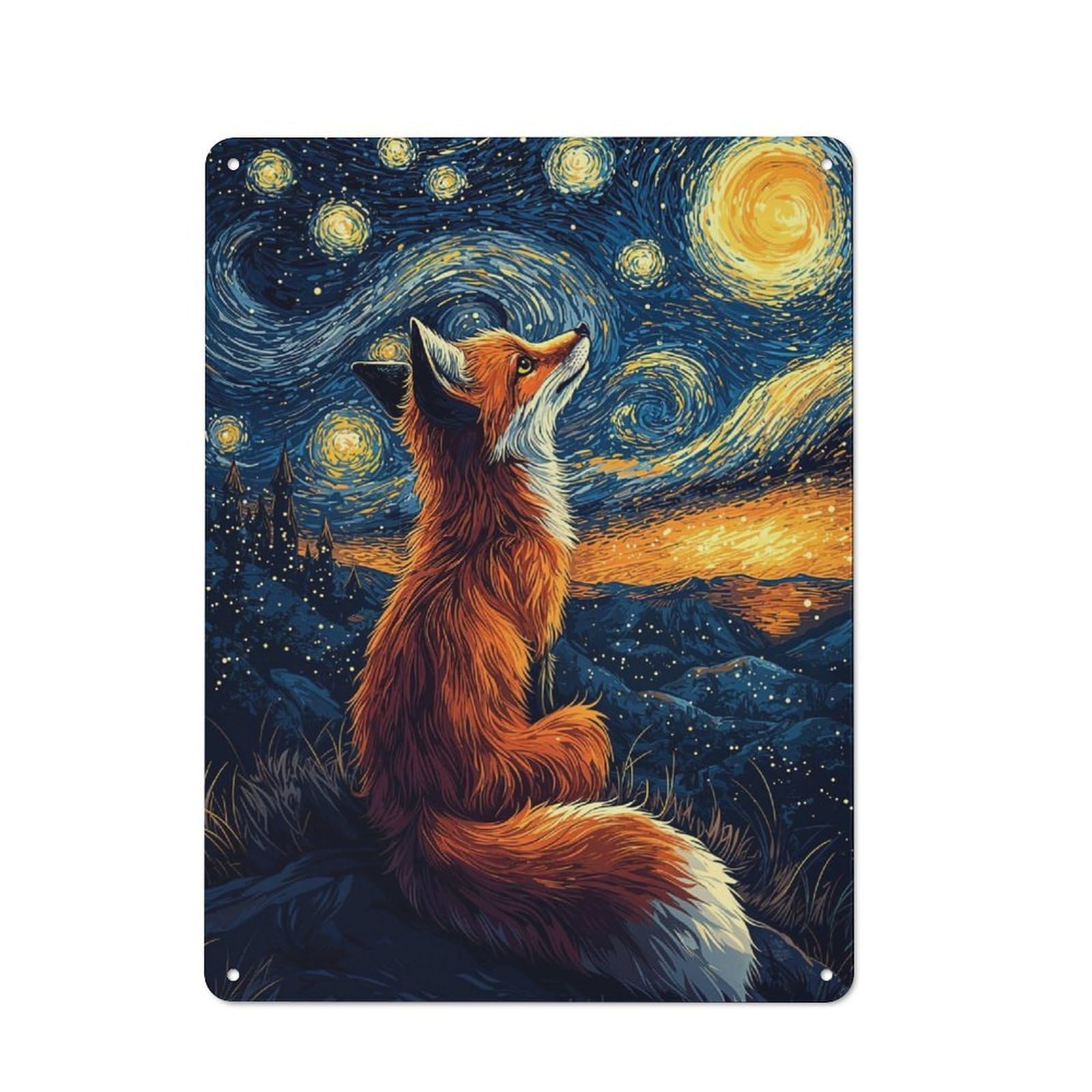 Cottage Style Fox Under Starry Night Country Metal Sign 40x30cm, Farmhouse Wall Decor for Farmhouse Kitchen, Pantry Or Dining Area