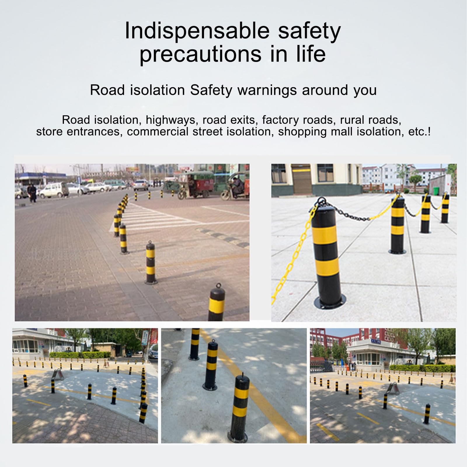 Bolardos amarillos, 8 barreras metálicas de tráfico para control de entradas y estacionamientos.
