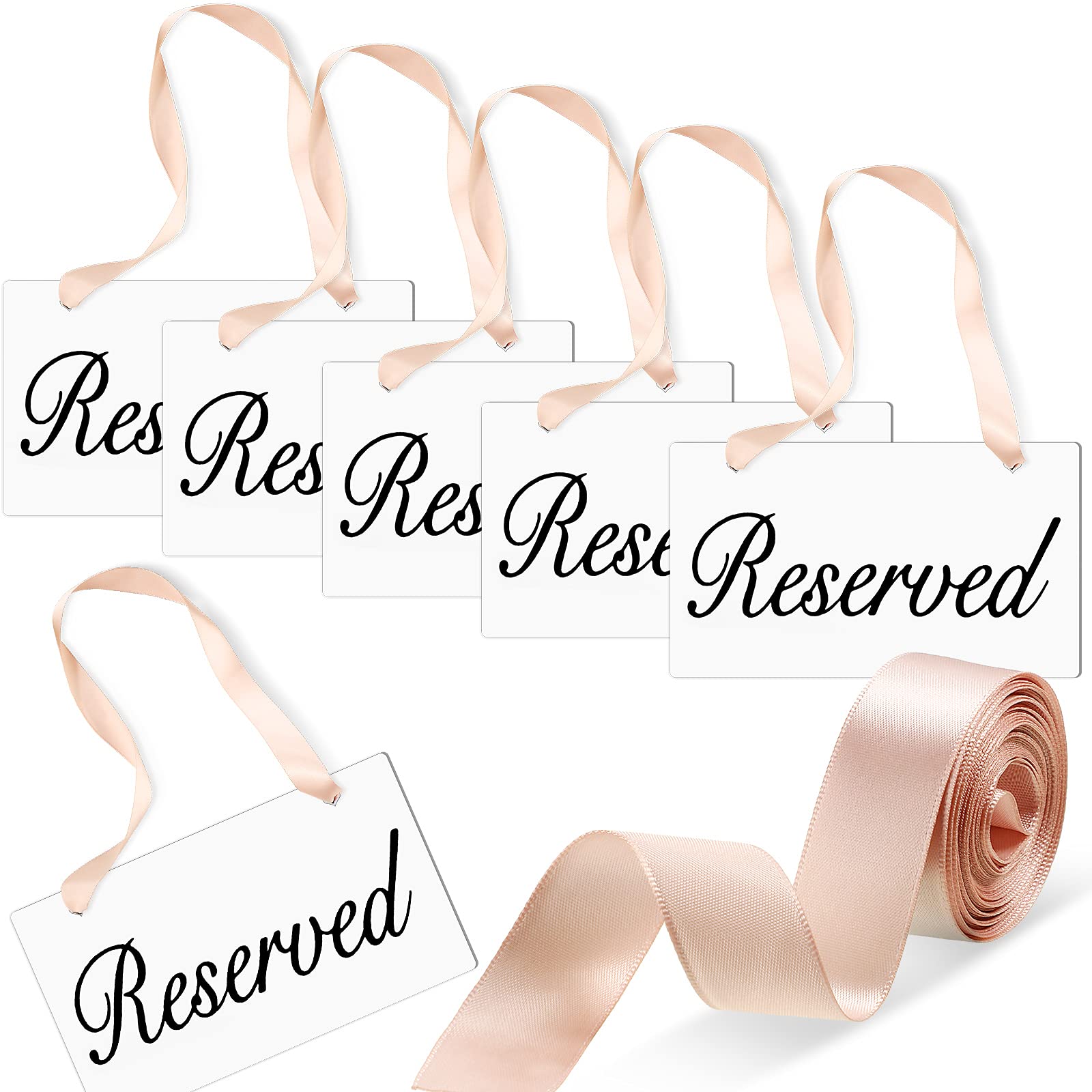Blulu 6 Pieces Wooden Reserved Signs Hanging White Wood Signs Wedding Chair Seating Handmade Signage Rustic Style Wood Signs, 1 roll Light Coffee Color Ribbon for Wedding and Restaurant Use