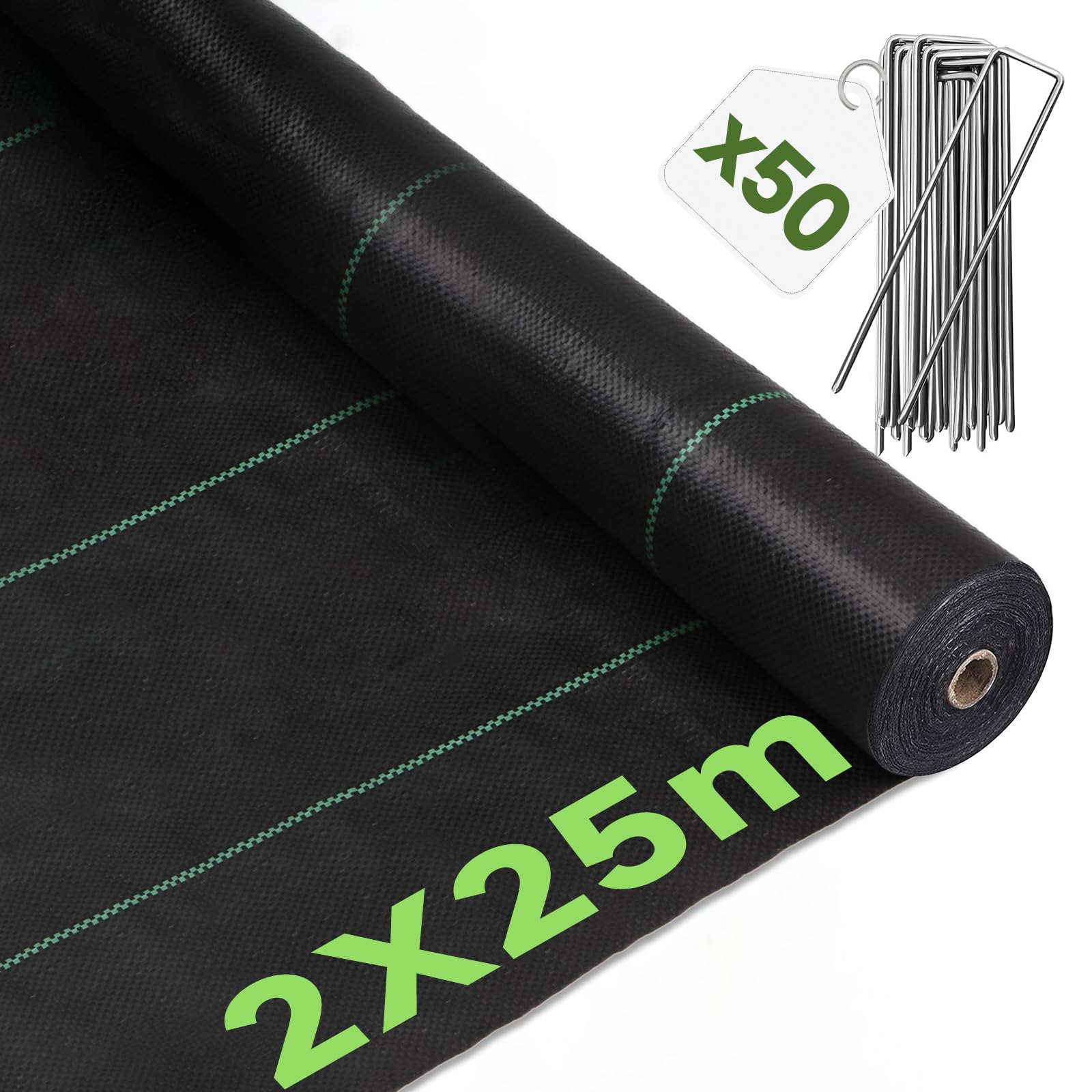 LCGOD Professional Weed Control Fabric 2m x 25m with 50 Pegs, 110gsm Heavy Duty Woven Polypropylene, Landscape Membrane for Gardens, Driveways & Artificial Grass