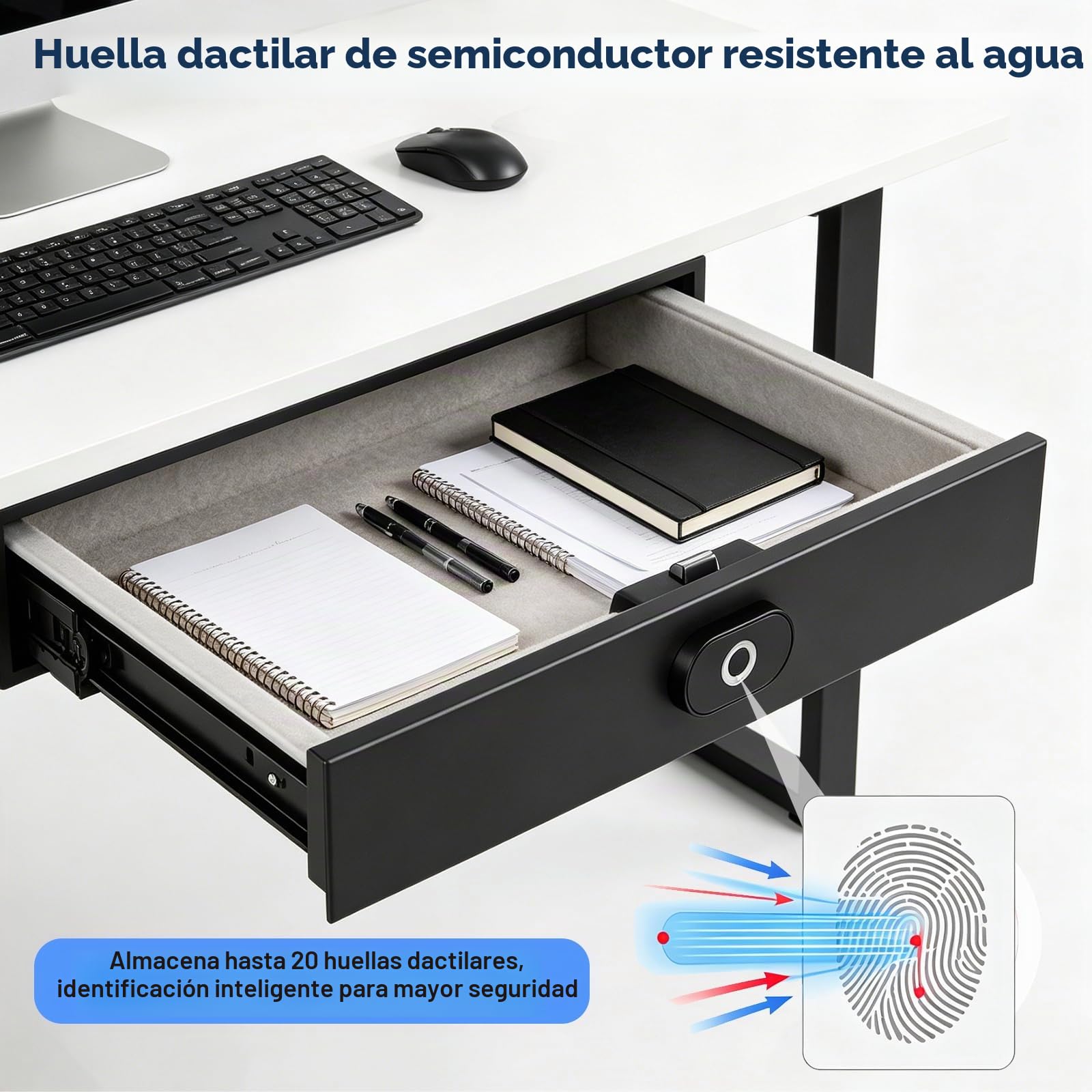 Caja Fuerte Camufladas con Huella Dactilar y Cajón Oculto USB-C | Caja Huella Dactilar de 35 × 28 × 7 cm, Cierre Automático y Guías Silenciosas para Escritorio, Armario, Oficina y Hotel