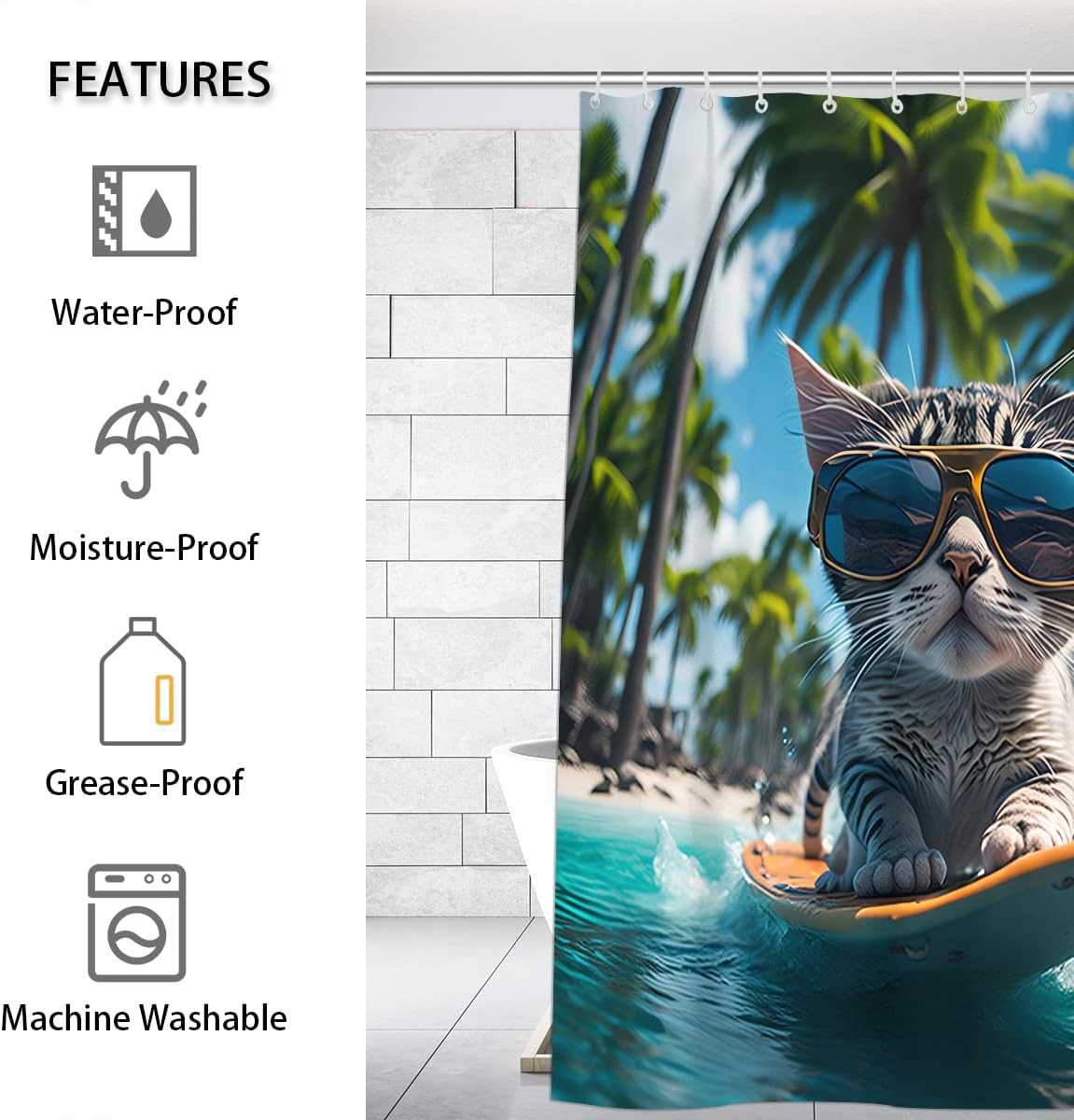 Funny Cat Shower Curtain for Bathroom, Summer Beach Sunglasses Surfing Kitten Waterproof Bath Curtain Polyester Fabric Machine Washable Bathtub Curtains Bathroom Home Decor 72 x 72 Inch with 12 Hooks