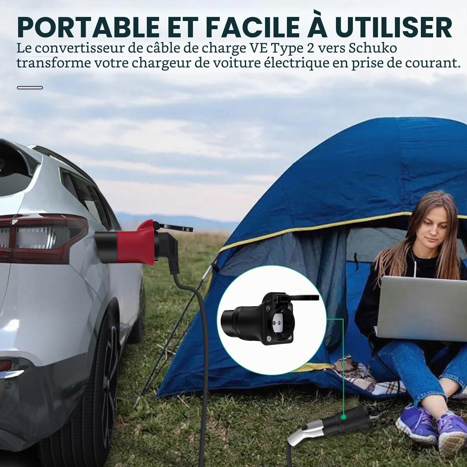 Adaptateur Type 2 vers Schuko borne de Recharge,Adaptateur de Charge 220 V Type 2 mâle vers Prise Schuko pour Vélo Électriques, Scooter Électriques et Motos