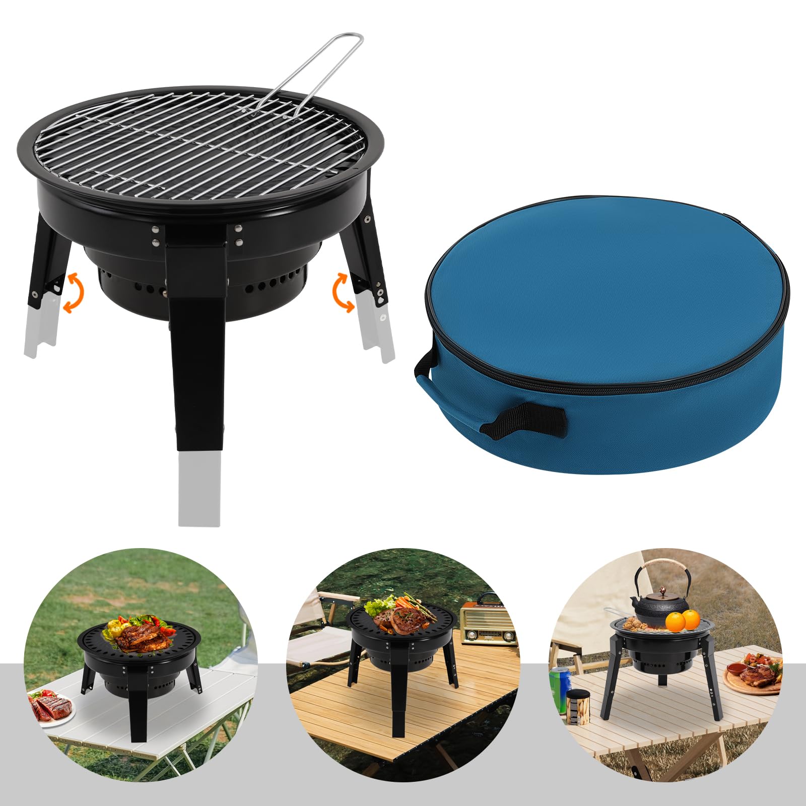 Składany grill 2 w 1 ze stali nierdzewnej z akcesoriami do grillowania i torbą do przenoszenia, patelnią grillową i rusztem, z regulacją wysokości, przenośny grill na węgiel drzewny na kemping, do