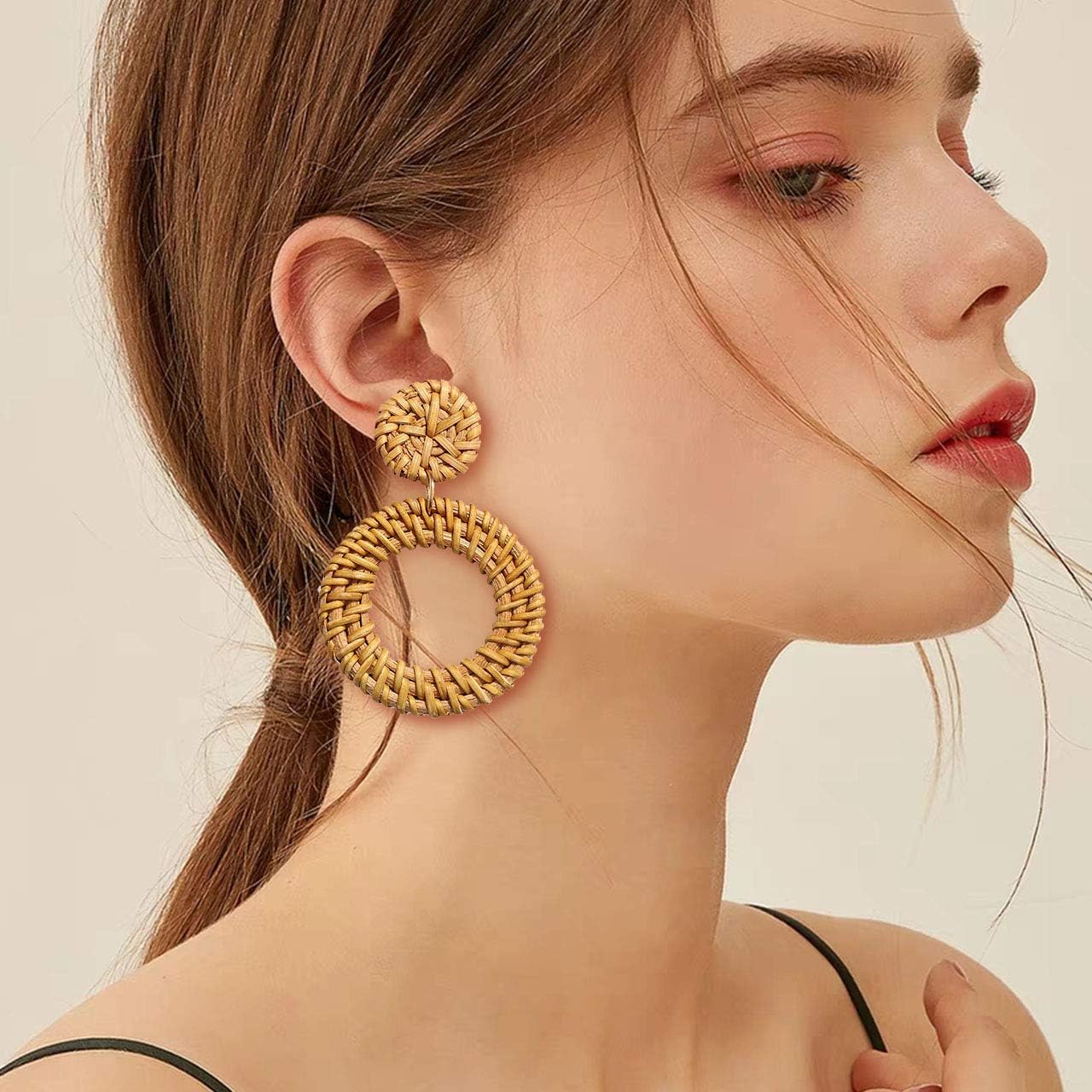 Rattan Earrings for Women Handmade Straw Wicker Braid Drop Dangle Earrings Lightweight Geometric Statement Earrings (E 4PCS Set 2) - Image 2
