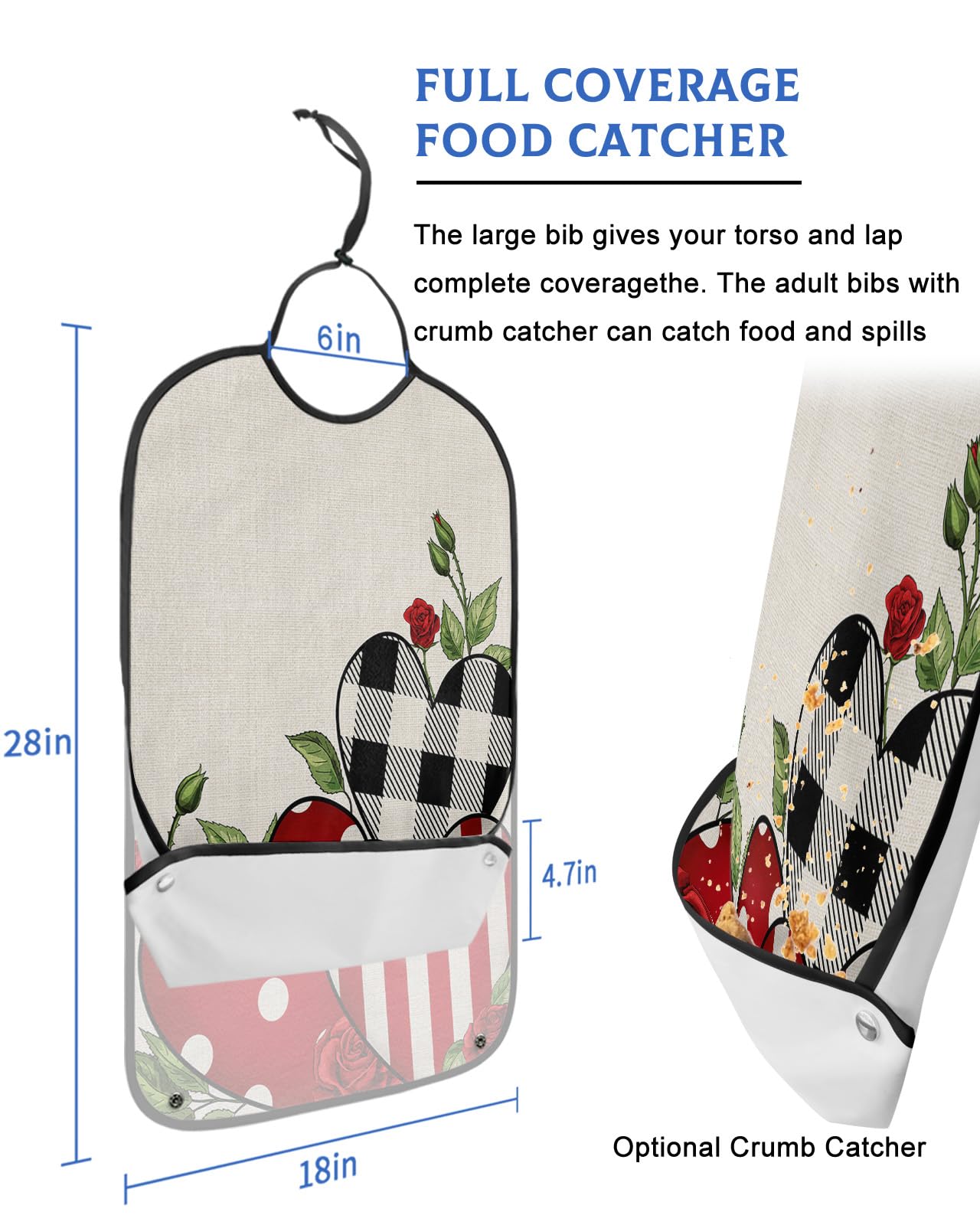 Love Rose Adult Bib for Eating with Crumb Catcher,Washable & Waterproof Terry Cloth Adjustable Elderly Women Men Adult Bibs Funny Clothing Protector Valentine's Day Boho Eucalyptus Vintage Plaid Dots