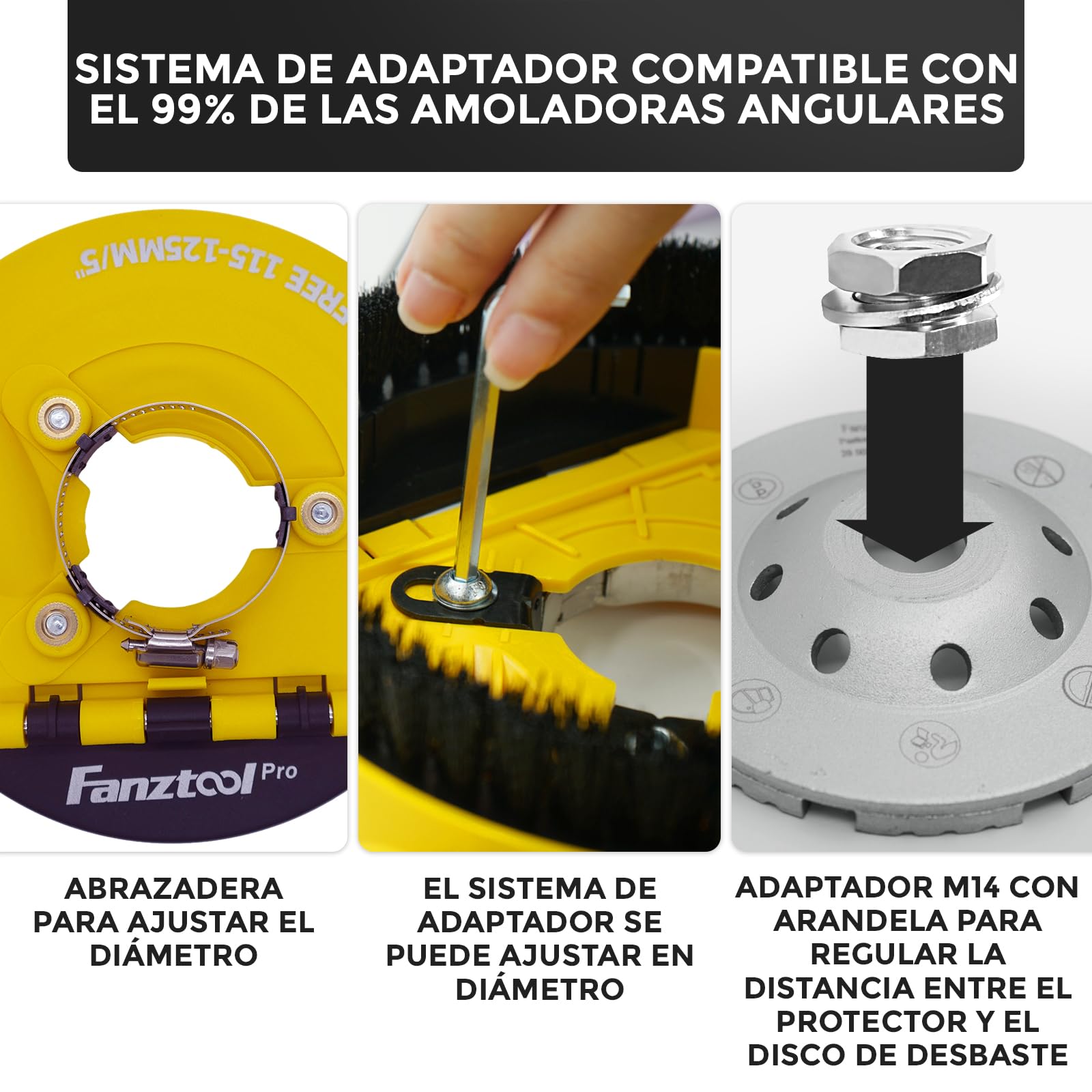 FANZTOOL 3.Generation - Cubierta de extracción para amoladora angular (incluye cabezal de lijado de diamante de 125 mm, calidad profesional, cepillos intercambiables, 99% universal, anillo adaptador