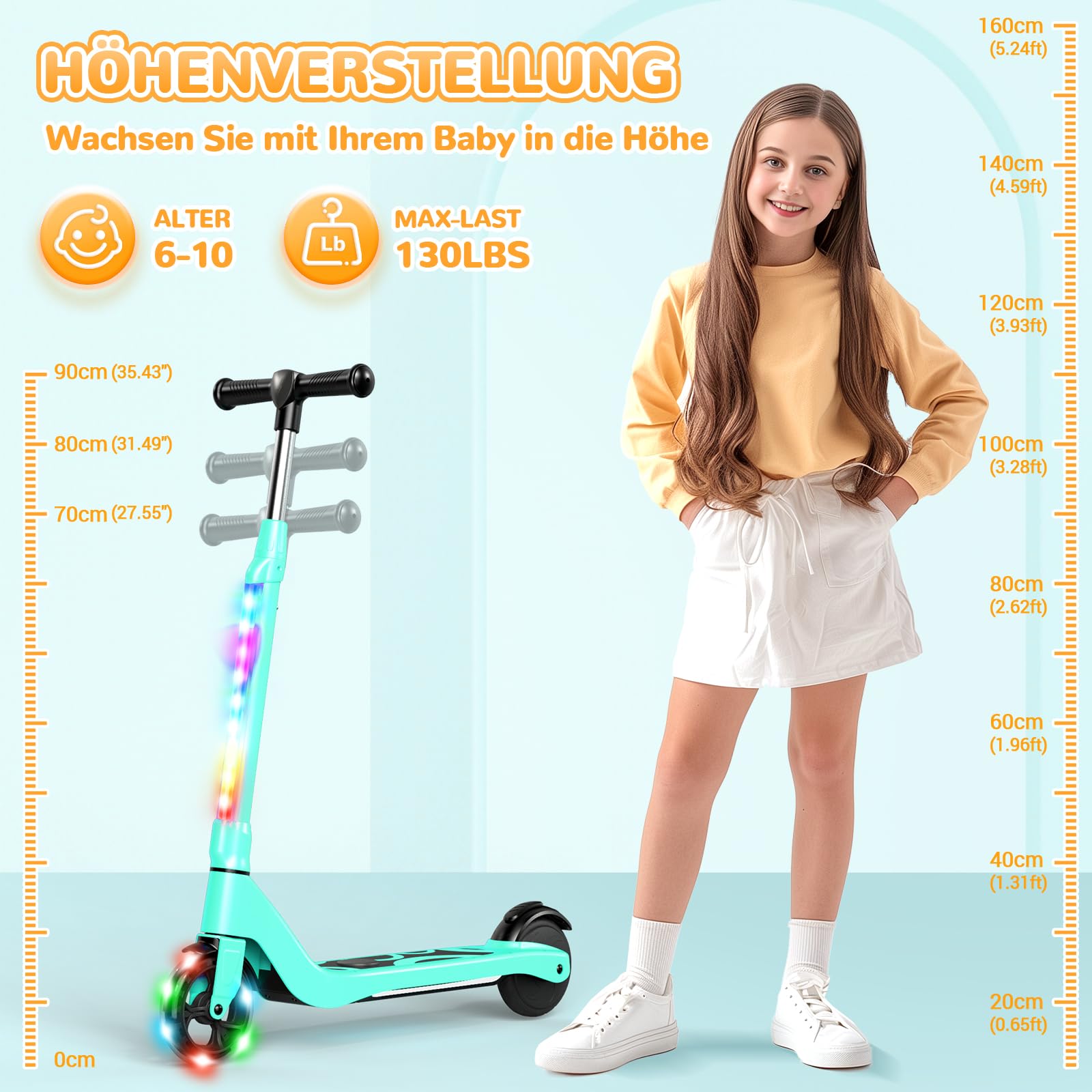SISIGAD Patinete eléctrico para niños de 6 a 10 años, Patinete eléctrico para niños de 5,3 Pulgadas con Luces LED Intermitentes y 3 Altura Ajustable, Scooter eléctrico para niños de 45 W, Motor máx