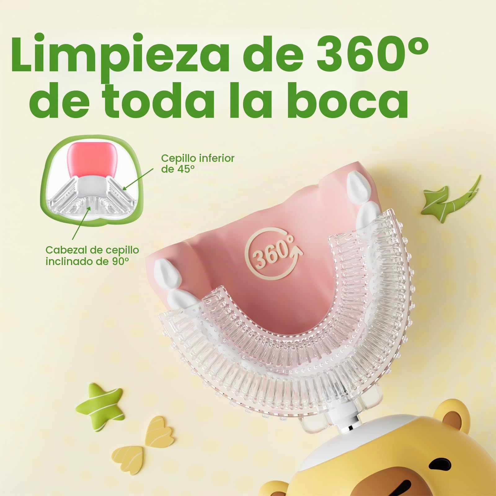 Cepillo de dientes eléctrico para niños en forma de U, con 6 cabezales de cepillo, limpieza de boca completa, cepillo de dientes automático sónico para niños pequeños con IPX7 impermeable