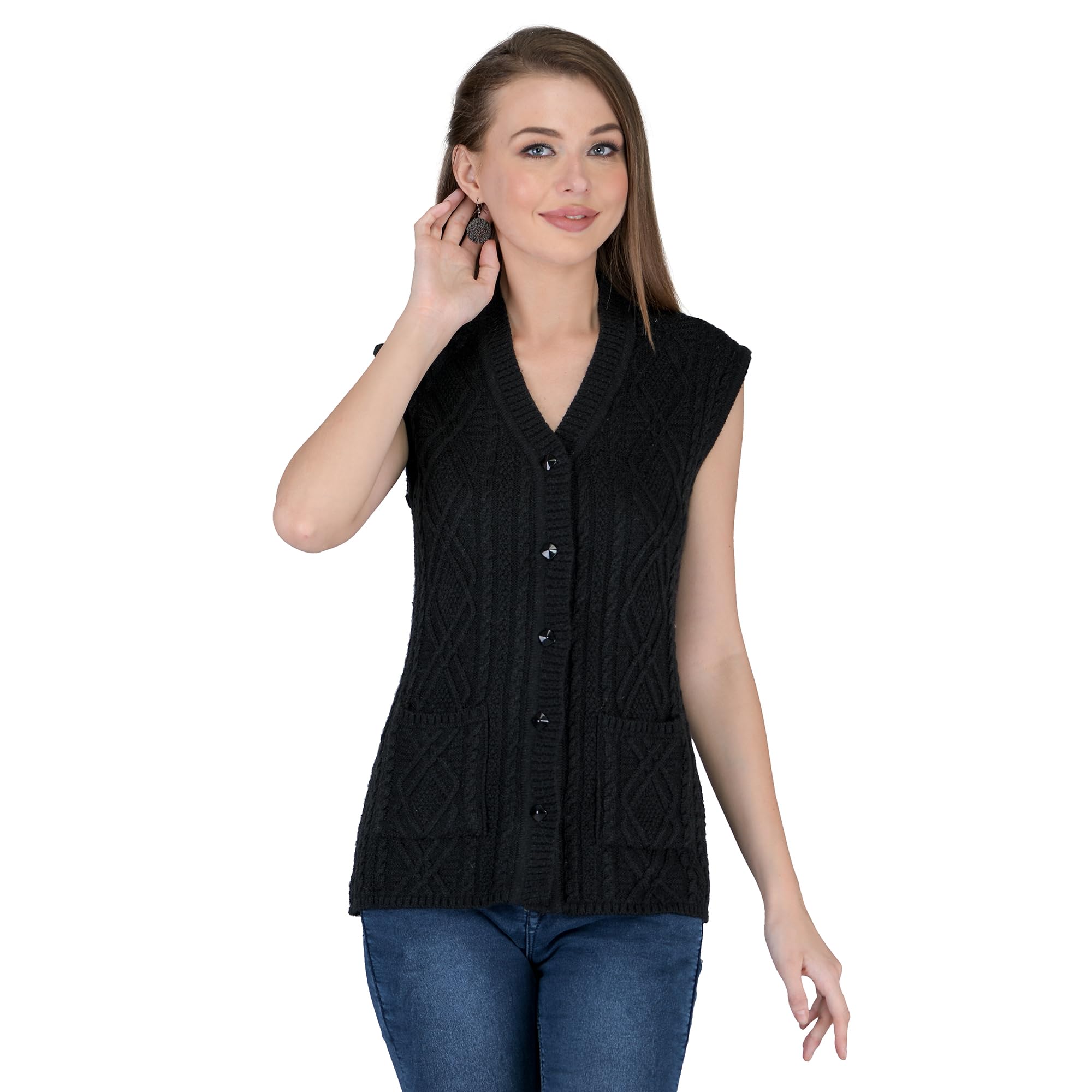 lady willington Women's Woolen V-Neck Sleeveless Self Design Cardigan - Rainbow Fabric Winter Wear Pure Wool Cardigan 100% Rainbow Wool Free Size Cotty Fully Warm with Front Pockets (XXL, Black)-picture-54