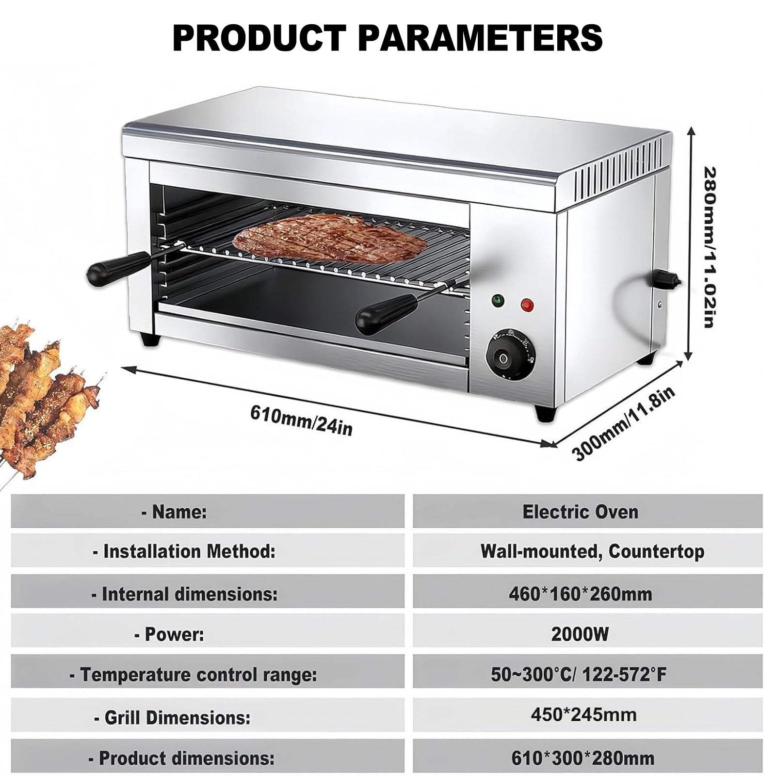 Horno de salamandra eléctrico Comercial con Control termostático, Potencia de 2000 W, Rejilla Ajustable para cocinar Perfectamente, para Pizza, Pollo asado y Carne en cocinas Profesionales