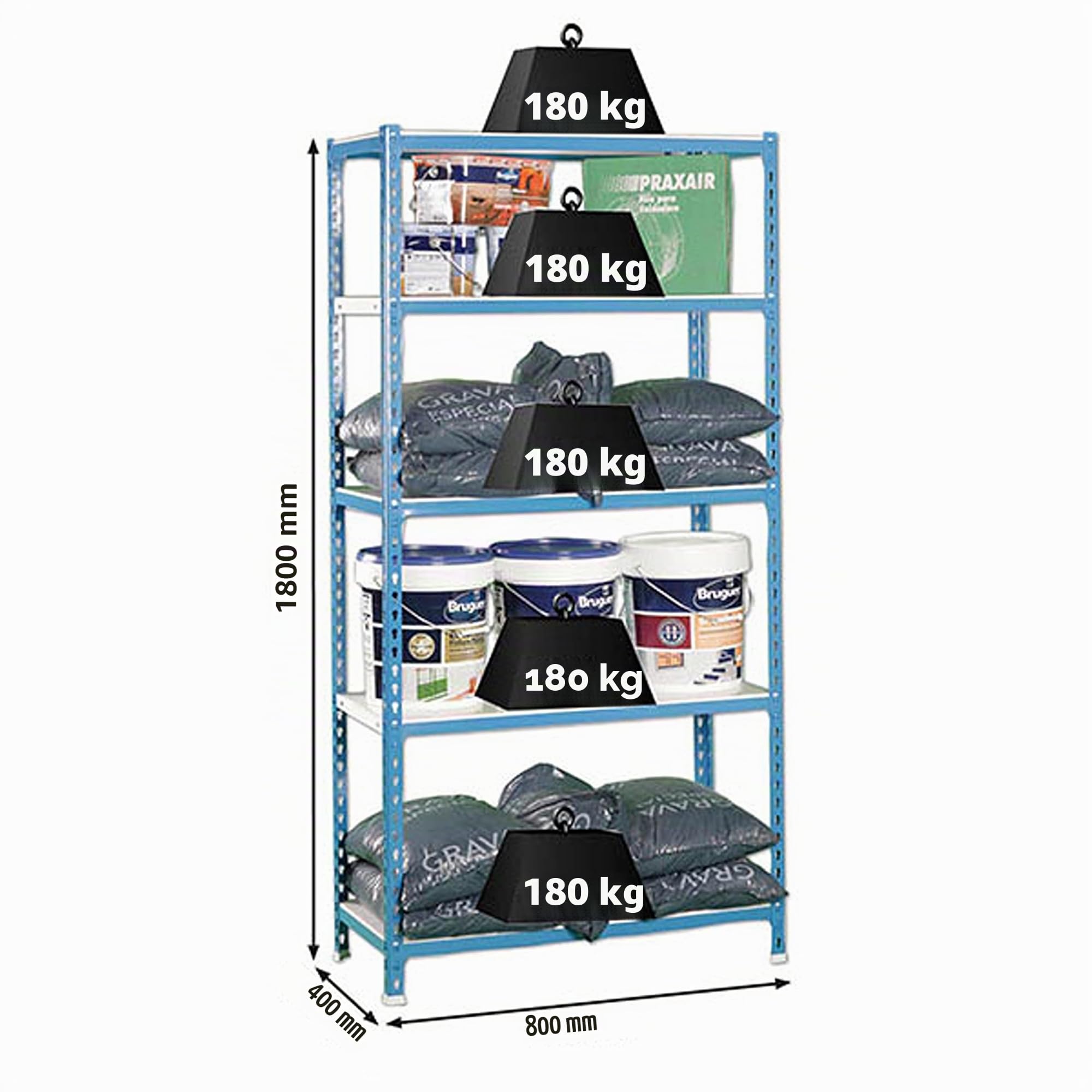 SimonRack Schwerlastregal, Lagerregal, 200x80x40 cm, Metallregal, Kellerregal, Biegestelle 180 kg, 5 Fachböden, Blau/Weiss - Simonclick