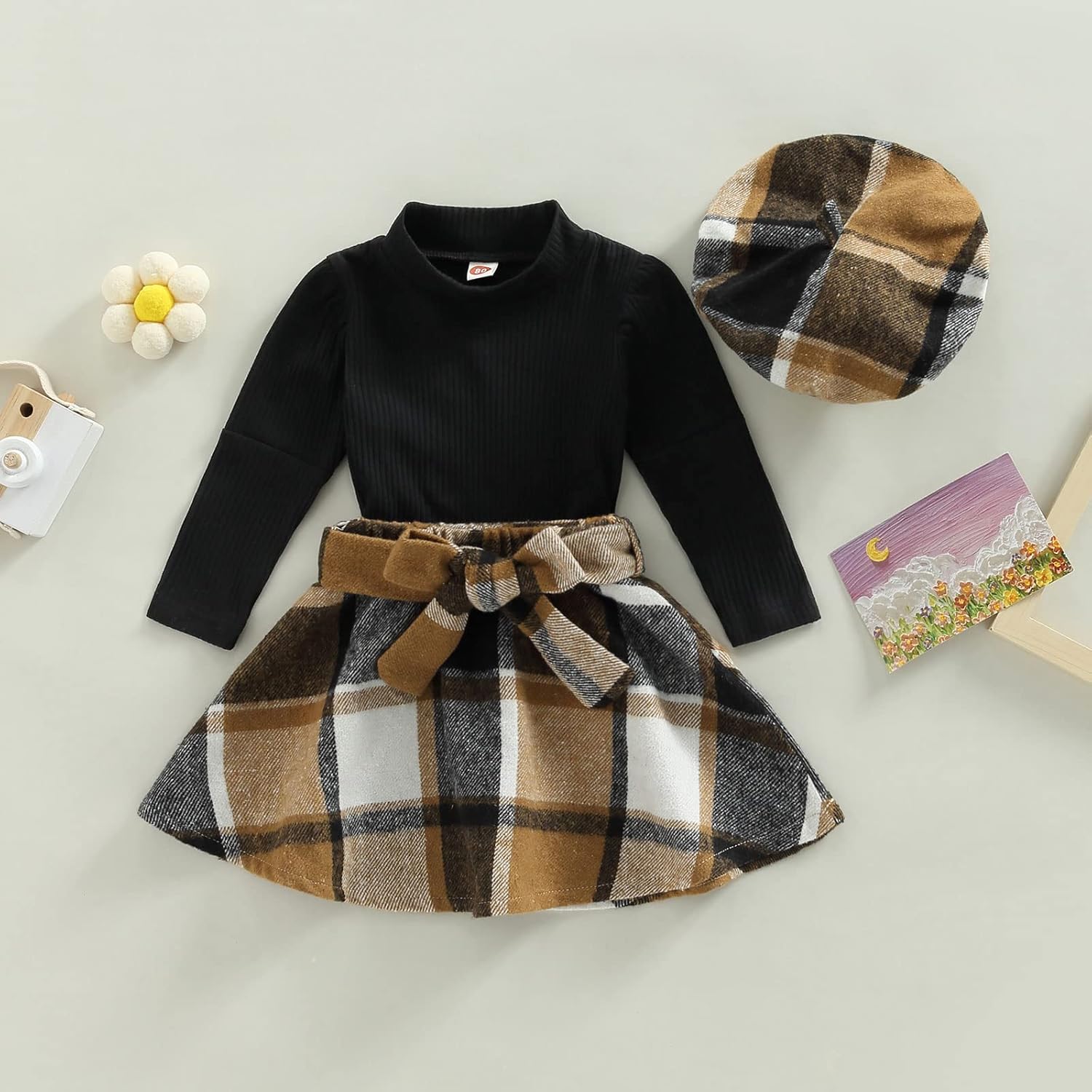 Mubineo Toddler Baby Girl 3PCS Fall Winter Skirt Outfits Long Sleeve Shirt Tops Plaid Skirts Hat Set - Image 7