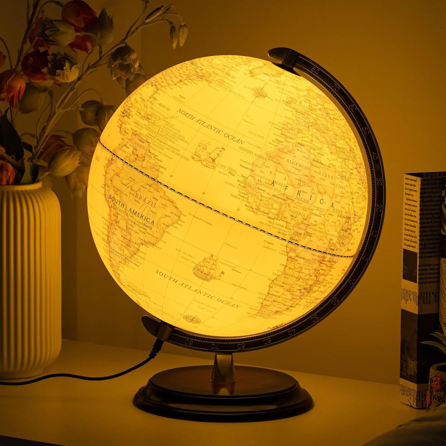 12'' Retro Illuminated World Globe with Wooden Stand, 2-1 Educ & Décor Antique Night Light up Globe Built in LED & HD Printed Map, Antique Illuminated Glob for Adults & Kids, Home Décor, Office Retro 12inch