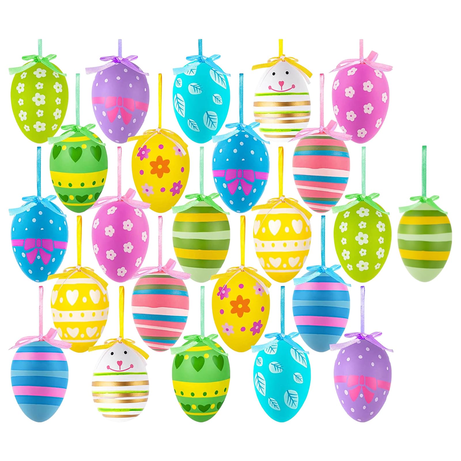 WLNEXT 24Pcs Hand Painted Easter Eggs Decorations with Hanging Ribbon for Door Handle Tree Window Holiday Decorations Easter Eggs