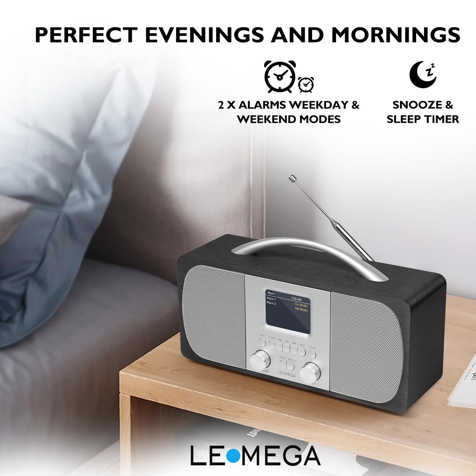 LEMEGA DR6 Radio Stereo Digitale DAB/FM,Radiosveglia con Bluetooth,Alimentazione a Batterie o Corrente,Radio DAB+ Elegante per Cucina o Camera con Struttura in Legno e Pannello Frontale in Metallo