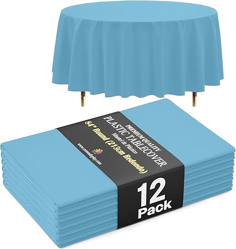 Miniatura 72 de Exquisite Mantel Redondo Premium Azul Claro 66% Más Grueso 0.5 Mil Paquete de 12 Manteles de Mesa de Plástico Desechables de 84 Pulgadas Mantel Azul
