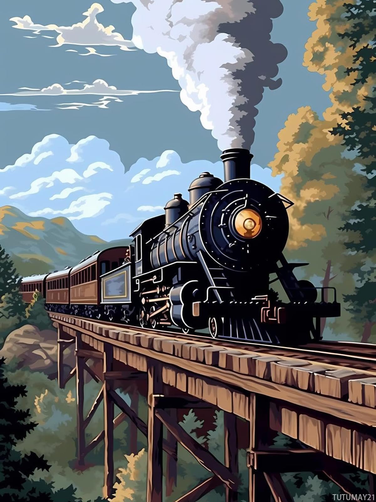 TUTUMAY21 5D DIY The Vintage Steam Train Diamond Art Diamond Dots Full Drill for Home Wall Decor Gift Train Diamond Painting Kits for Adults Gem Art