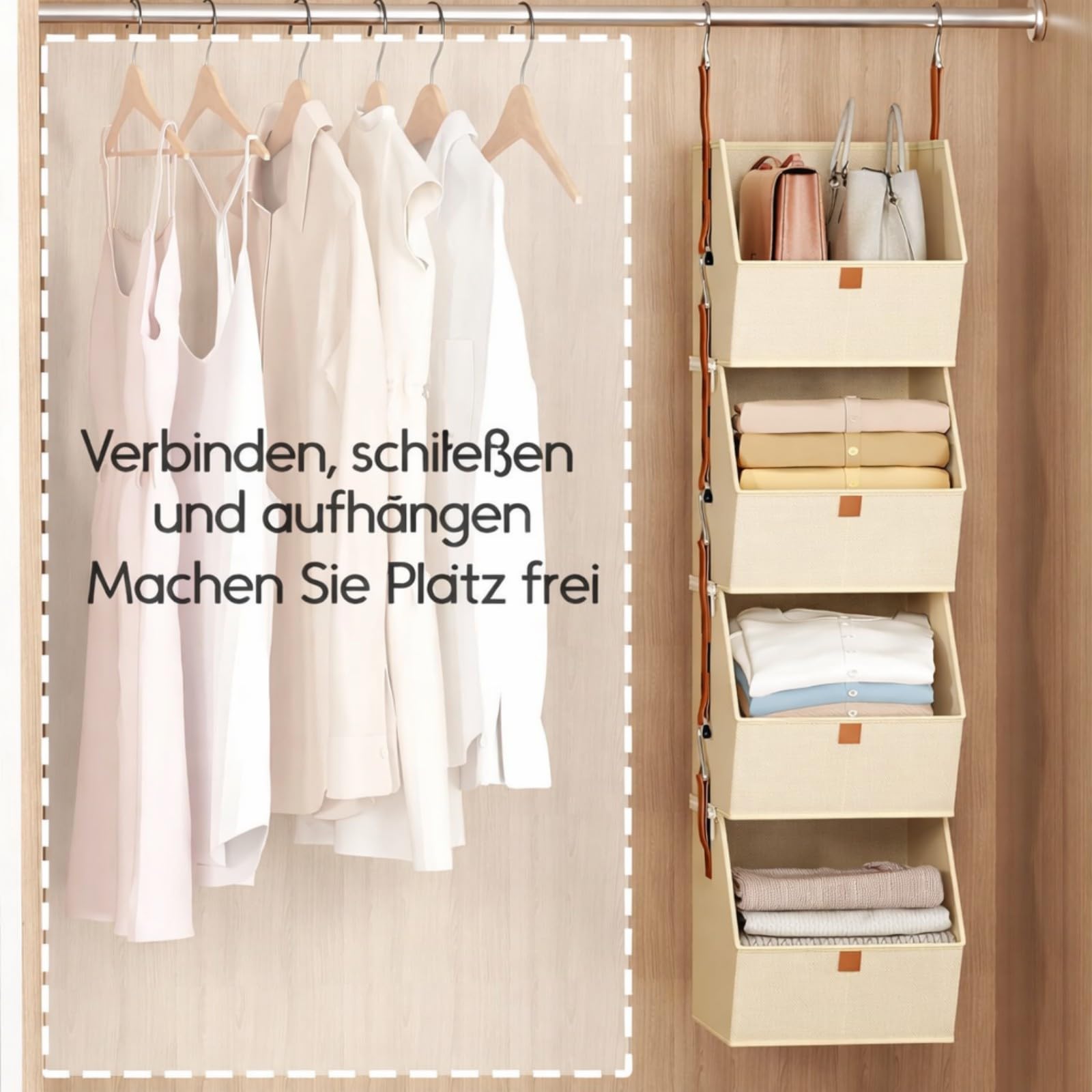Hängeorganizer Kleiderschrank mit 4 Fächern – Faltbare Hängeaufbewahrung aus Stoff, Abnehmbarer Schrank Organizer mit Metallhaken, Hängeregal für Kleidung, Taschen & Spielzeug (bai)