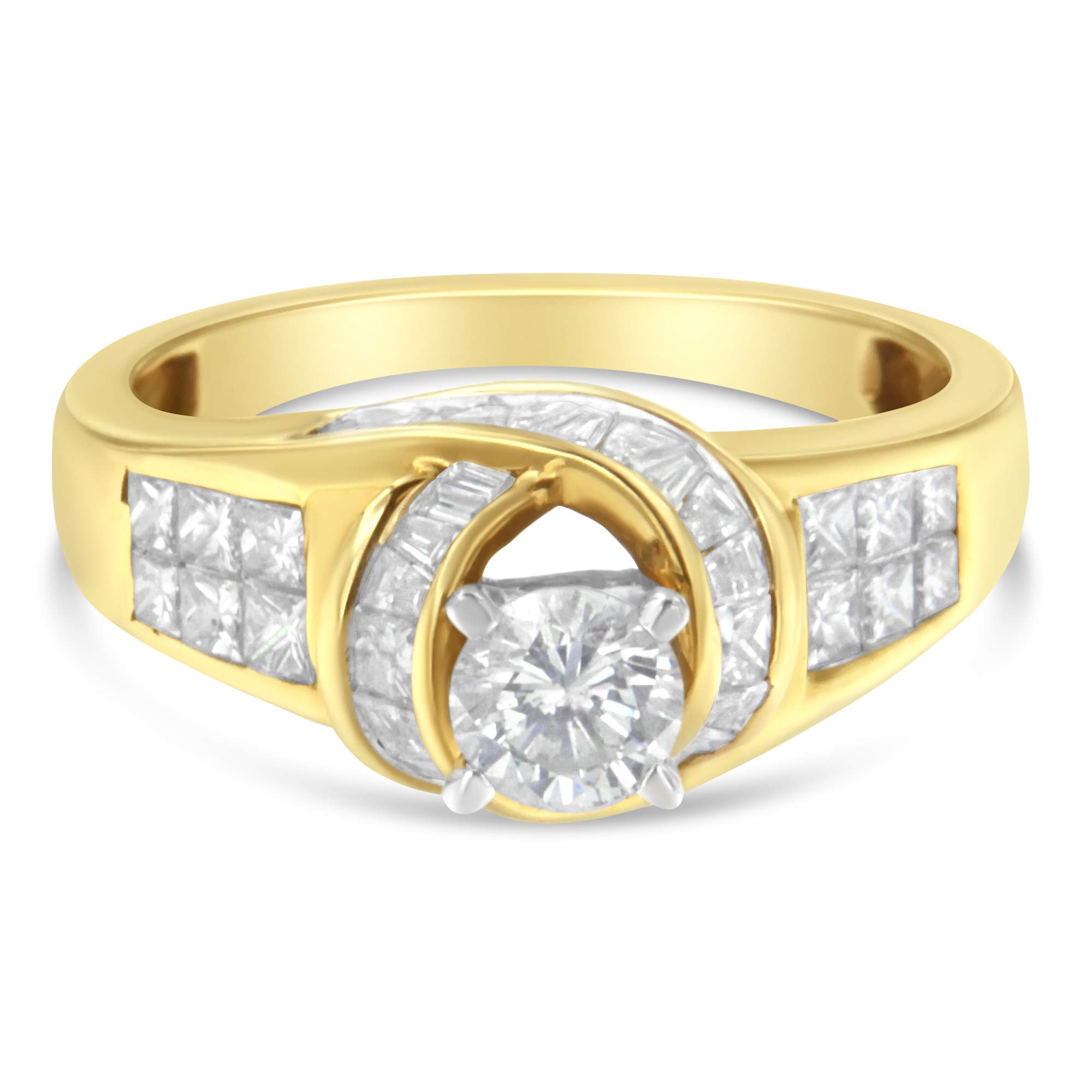 Original Classics14K Two-Toned Yellow Gold 1-1/8 Cttw Round, Baguette & Princess Cut Diamond Wrapped Ribbon Channel Set Engagement or Fashion Ring (H-I Color, SI2-I1 Clarity)