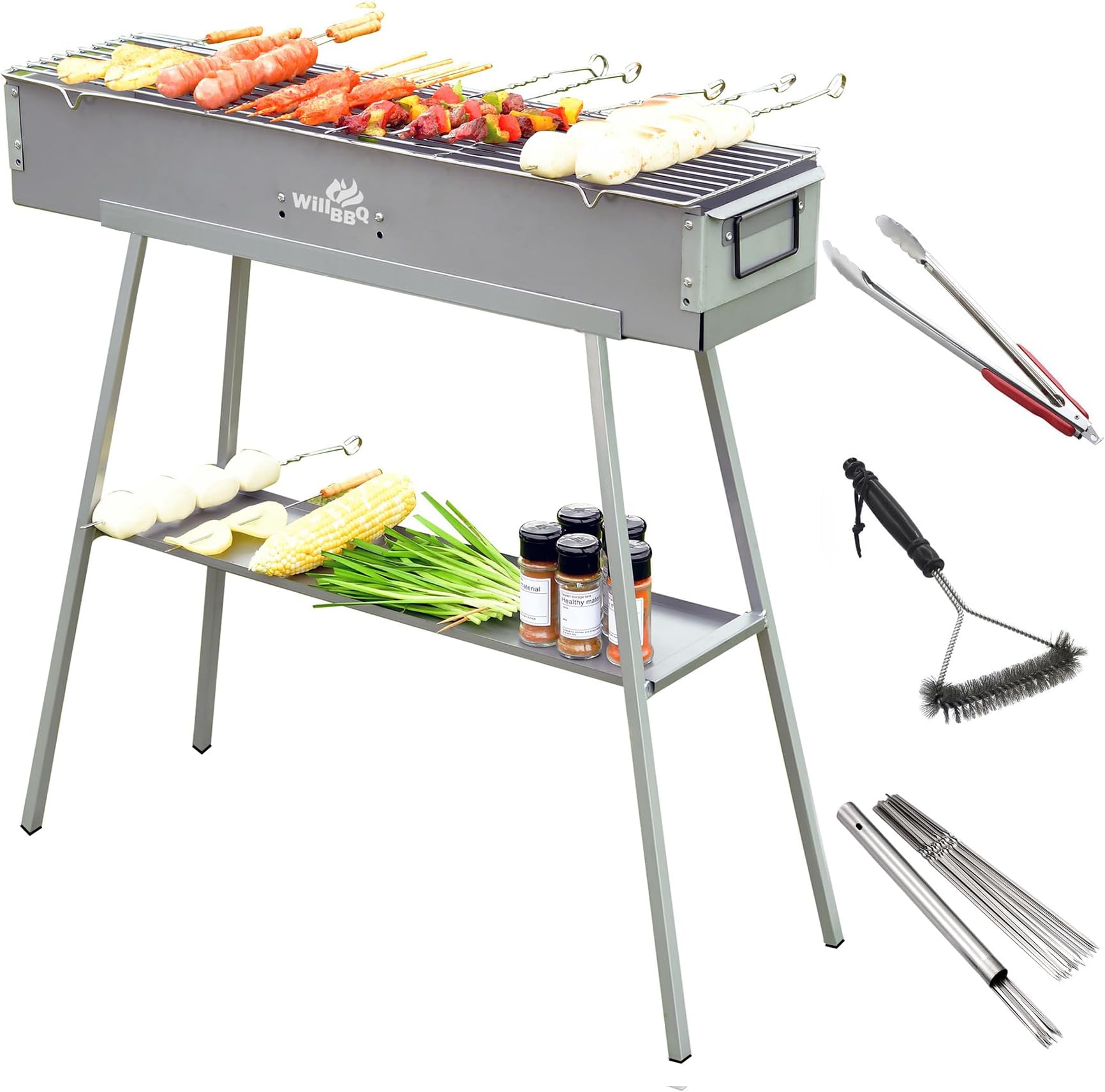 WILLBBQ Charcoal Grills Commercial Quality Portable Hibachi BBQ Lamb Skewer Detachable‌ Camping Barbecue Grill for Backyard Outdoor Cooking Use(31.6x7.1x5.1 inch With Accessories)