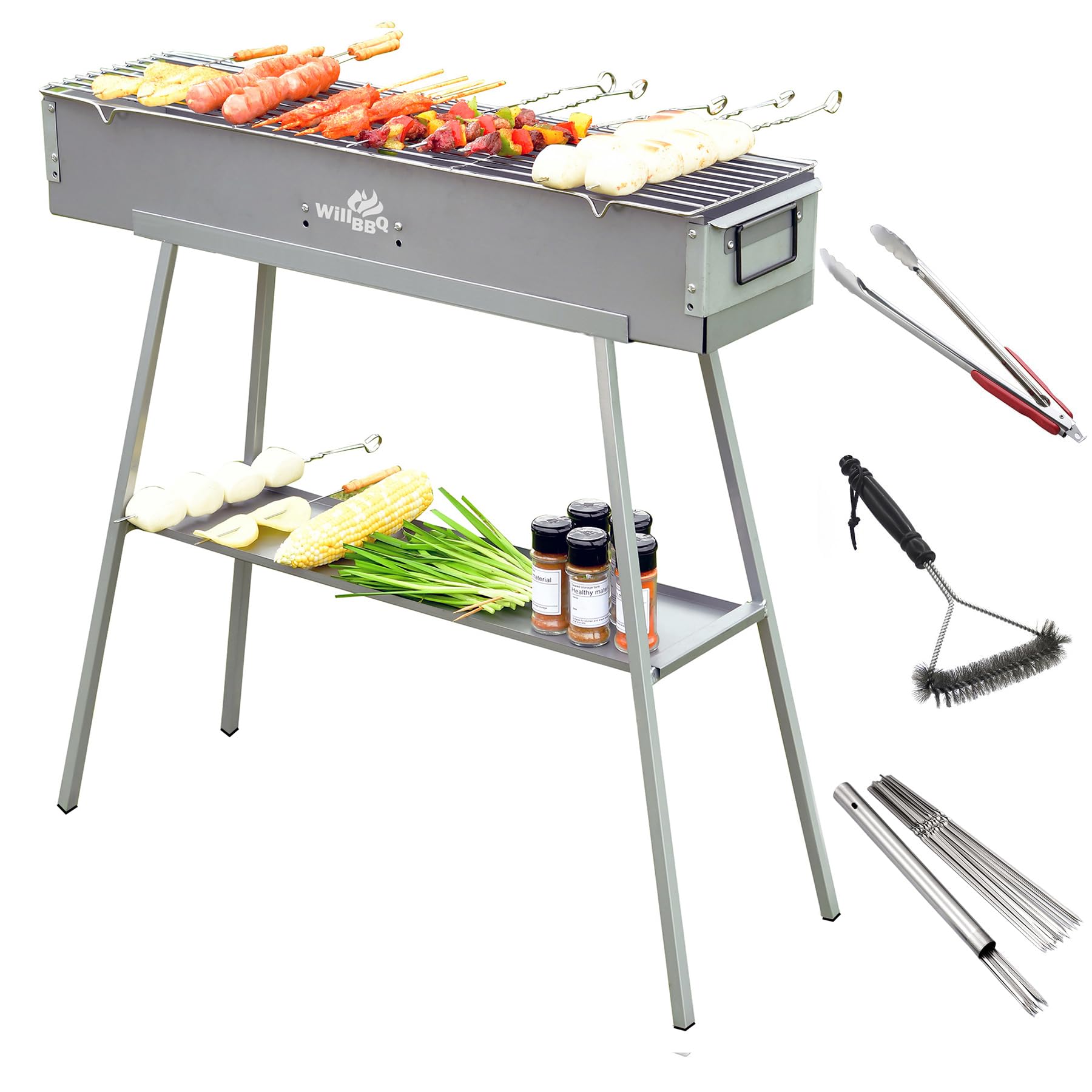 WILLBBQ Charcoal Grill for Tailgate Patio Beach Backyard, Alloy Steel BBQ Barbecue Outdoor Grilling with Durable Support Frame and Dual Adjustable Vents (31.6x7.1x5.1 inch With Accessories)