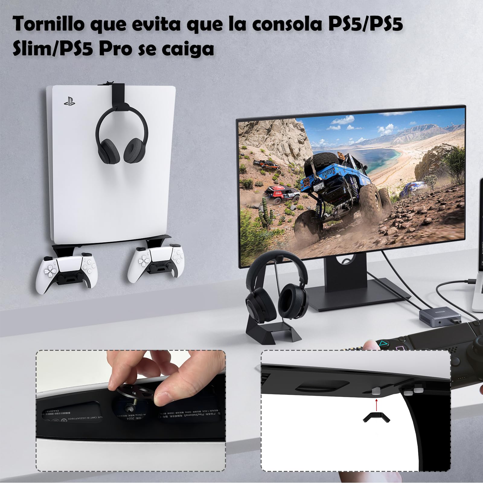 Soporte de Pared para PS5/PS5 Slim/PS5 Pro Soporte de Pared para Consola PS5/PS5 Slim con Soporte para Controlador y Soporte para Auriculares - Accesorios PS5 de Metal sólido - Negro