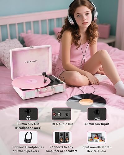 Miniatura 6 de Tocadiscos de vinilo de acuarela con control de agudos y graves, tocadiscos portátiles vintage de 3 velocidades con Bluetooth con altavoces