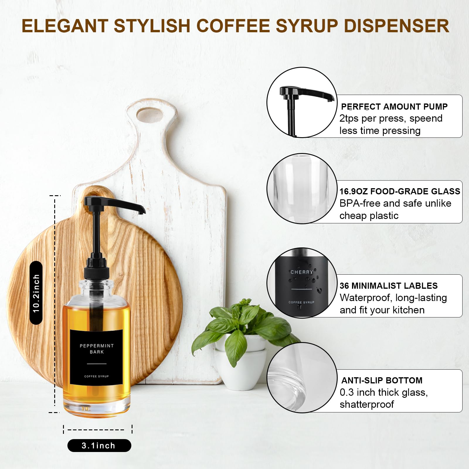 MUVEKA Coffee Syrup Dispenser for Coffee Bar, Glass Syrup Dispenser with Pump, Coffee Syrup Pump Dispenser Bottle for Coffee Station, Coffee Bar Organizer, Black,16.9 oz, 500 ml