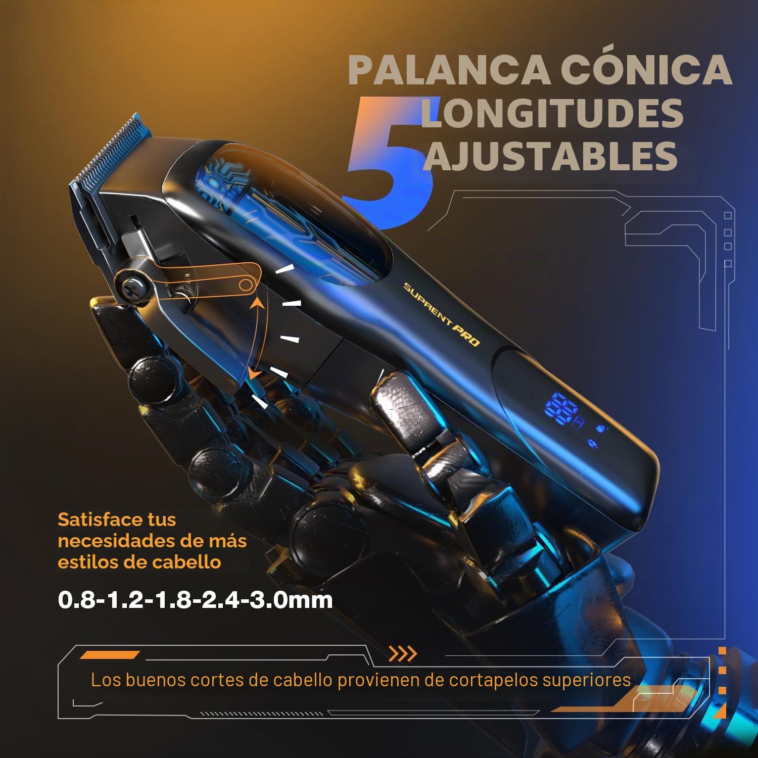 SUPRENT Maquina de Cortar Pelo Hombre, Cortapelos Hombre Profesional Inalámbrico Cortadora de Pelo con Palanca Taper Ajustabl y Cuchilla de Cerámica, Recargable, Pantalla LED (Negro)