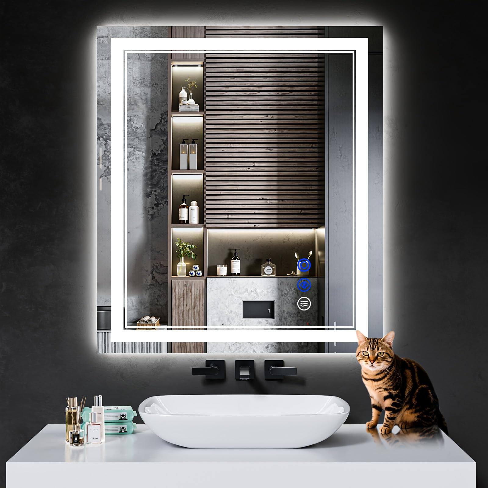 InfiniGlass 32"x28" LED Bathroom Mirror with Anti-Fog, Stepless Dimmable Lights, 3 Color Modes, Shatter-Proof Tempered Glass,Waterproof Design