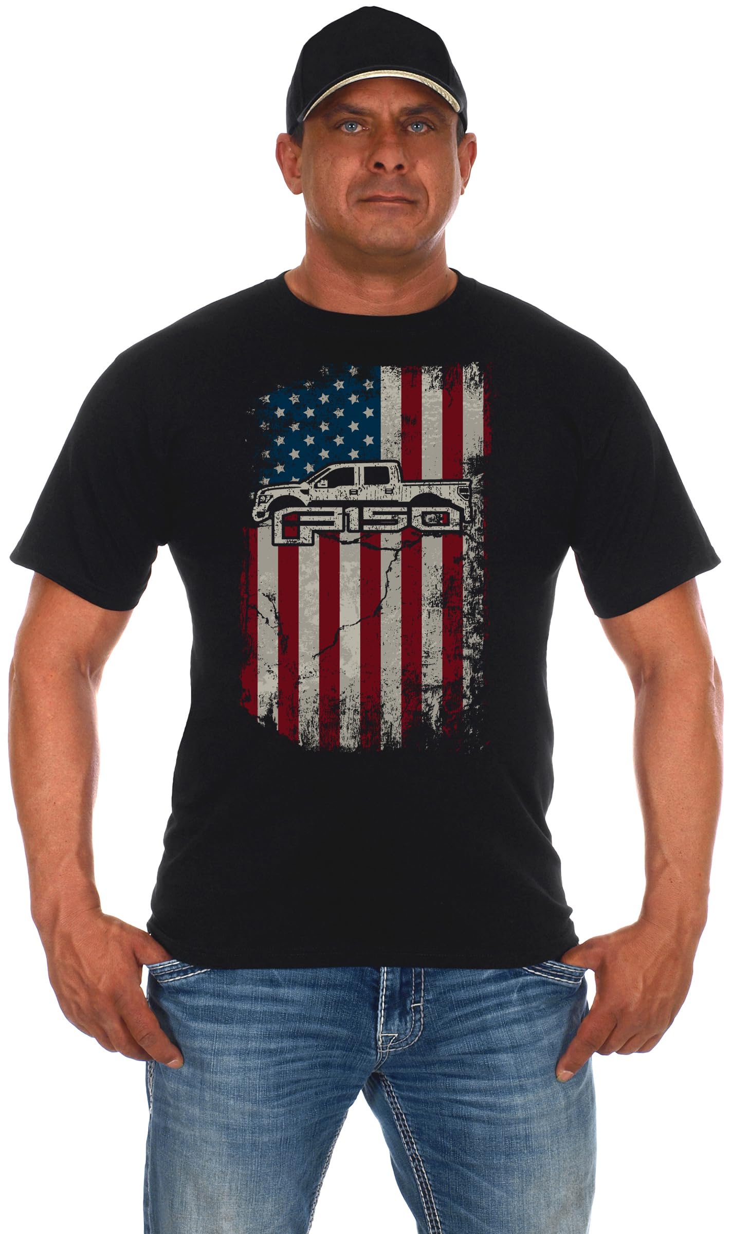 JH DESIGN GROUPMen's Ford F150 Truck T-Shirt American Flag Black Crew Neck Shirt