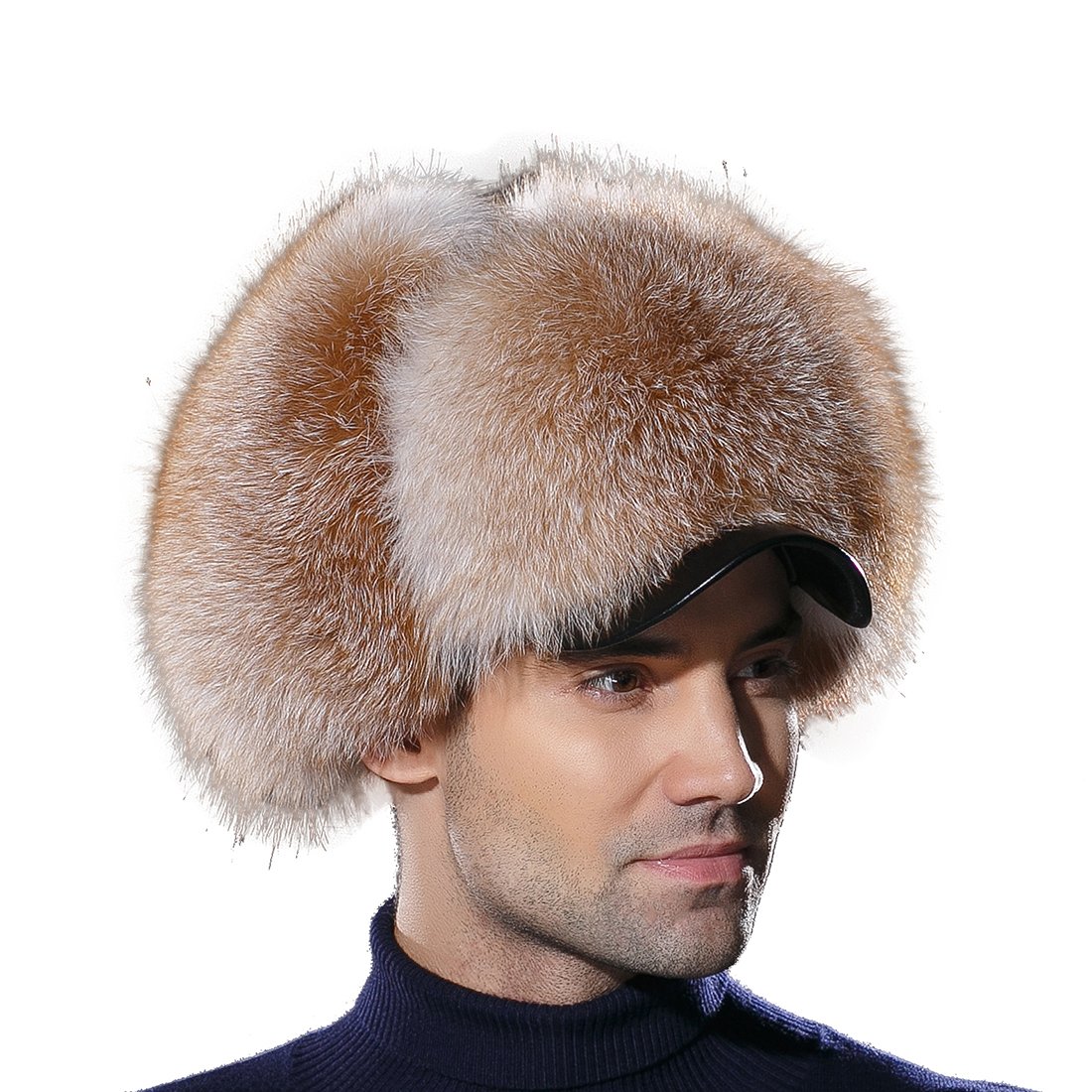 URSFUR Russian Trapper Hat Leather Winter Men Silver Blue Fox Visors Cap