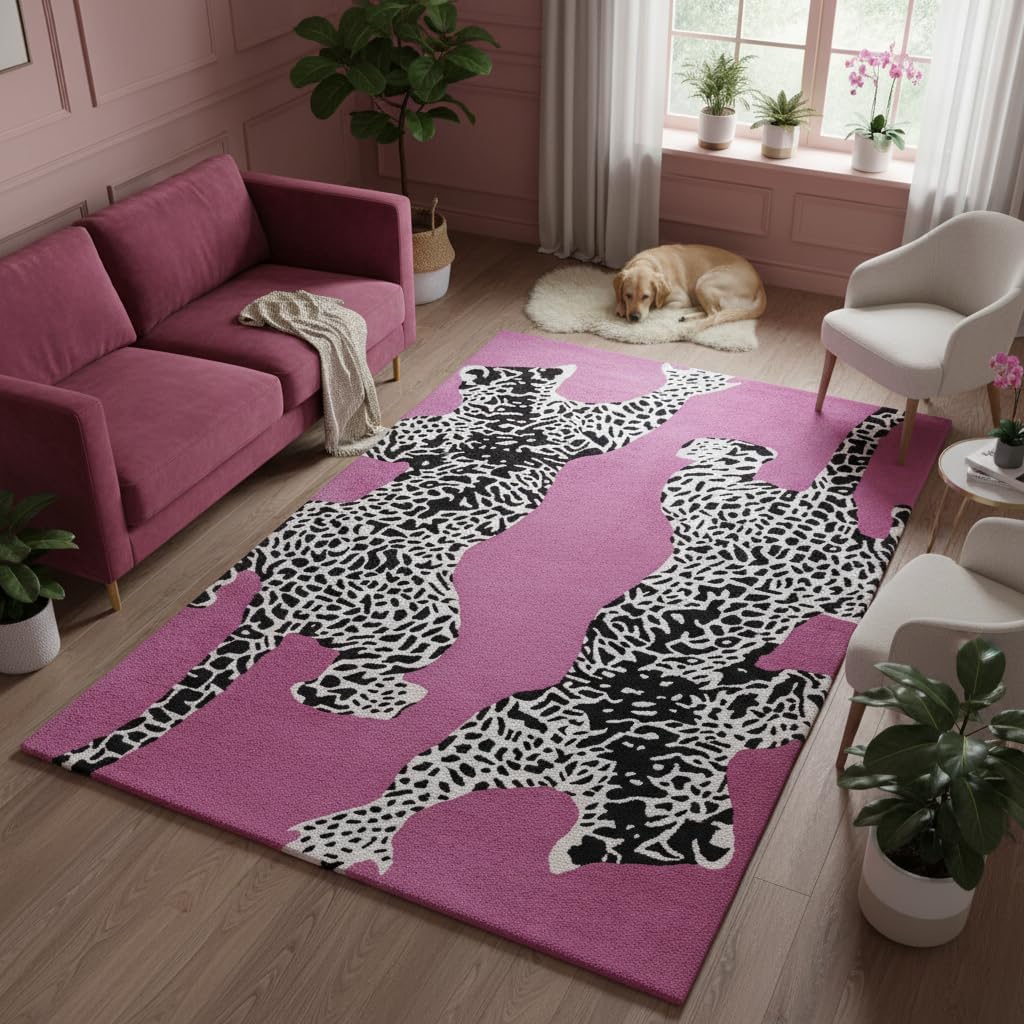 Climbing Jaguar Modern Handmade Wool Rug for Living Room, Bedroom and Dining Room (Pink, 6x9 Ft)